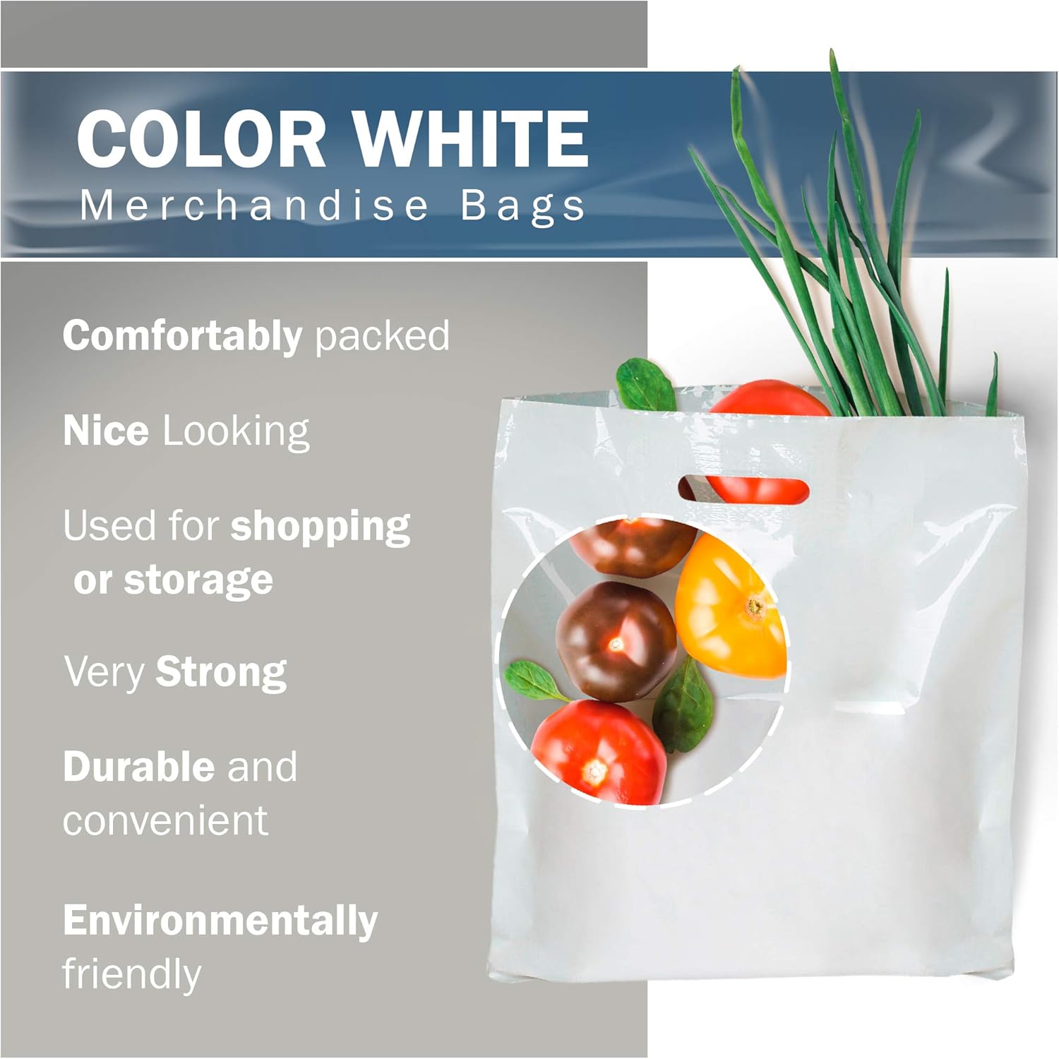 22x22 White Plastic Merchandise Bags, Glossy Finish, Extra Large Retail Size, 100 Pack, 2 Mil Thick, with Die-Cut Handles by PPB