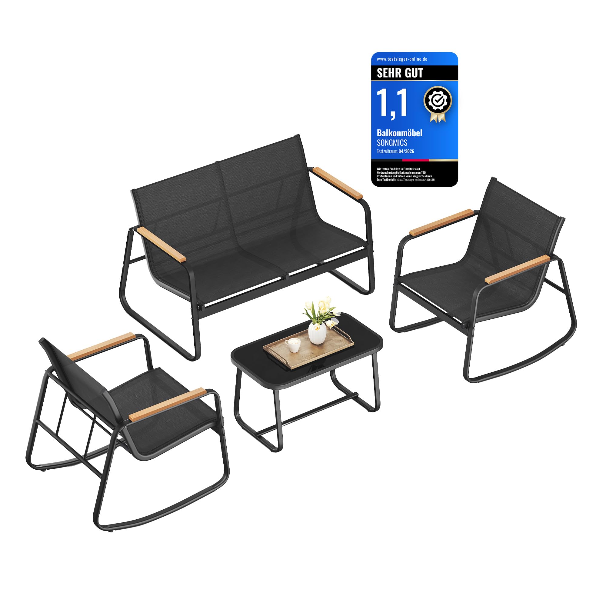 SONGMICS Gartenmöbel-Set, Balkonmöbel, 2 Schaukelstühle mit Tisch, Gartenbank, Stahl, Terrassenmöbel, mit Armlehnen, atmungsaktives Kunstfasergewebe, Terrasse, Balkon, Garten, tintenschwarz GGF0028B01