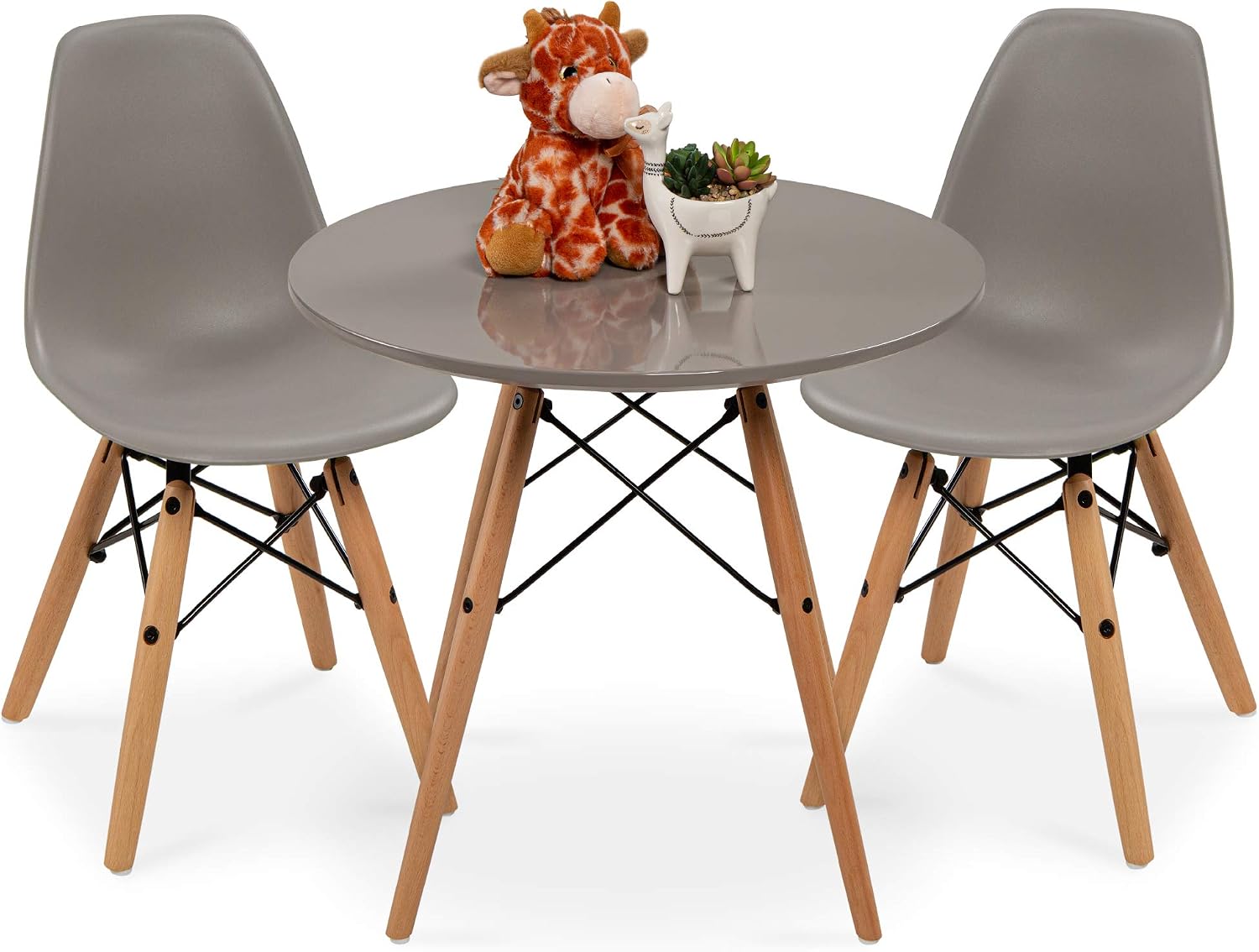 Best Choice Products Kids Mid-Century Modern Dining Room Round Table Set w/ 2 Armless Wood Leg Chairs - Gray