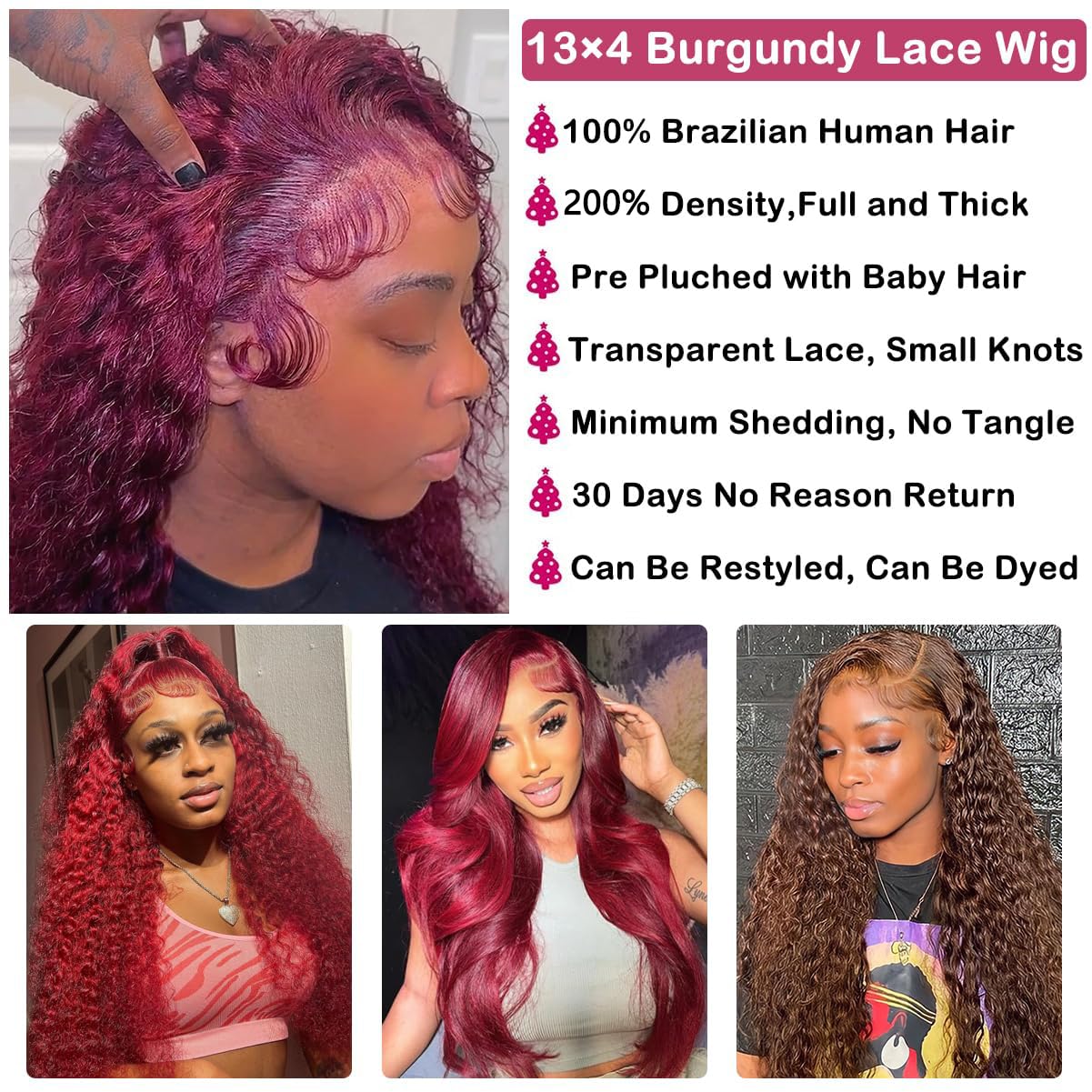 Burgundy Lace Front Wigs Human Hair 99j 13x4 HD Lace Frontal Wigs for Black Women Water Wave 200% Density Red Colored Curly Lace Front Wigs Human Hair Pre Plucked (18inch)