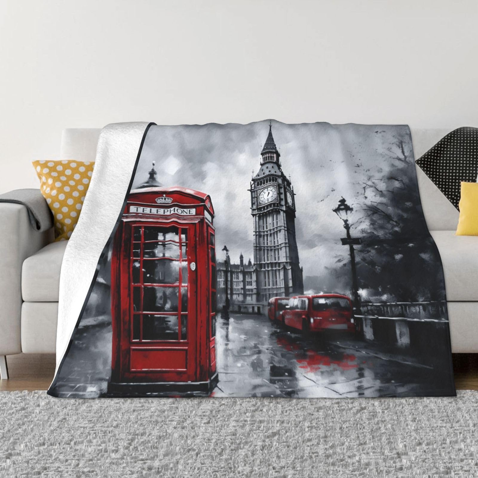 Couverture polaire douce flanelle motif bus londonien et Big Ben 76x102 cm pour lit canapé