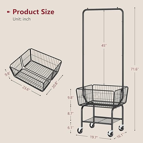 Miniatura 7 de Tajsoon Carrito de lavandería con estante para colgar, cesta de lavandería de metal con ruedas, cesta de lavandería con cesta de almacenamiento y