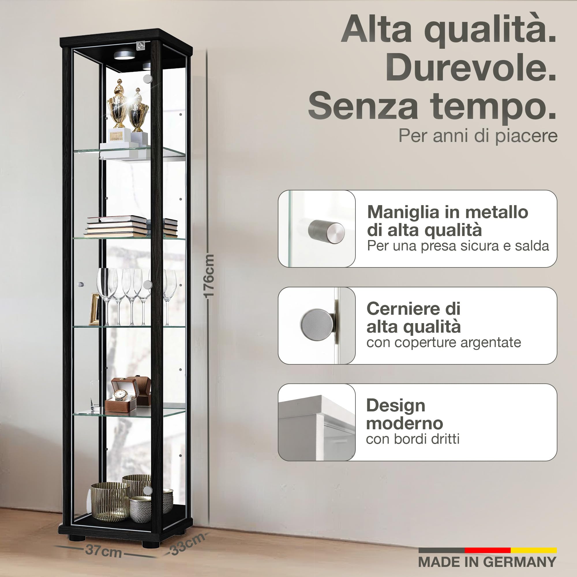 Vetrina in vetro nero (176x37x33cm) con 4 ripiani in vetro regolabili in altezza, specchio, serratura, LED - Vetrina per automodelli nera - Vetrina nera - Vetrina per collezionisti
