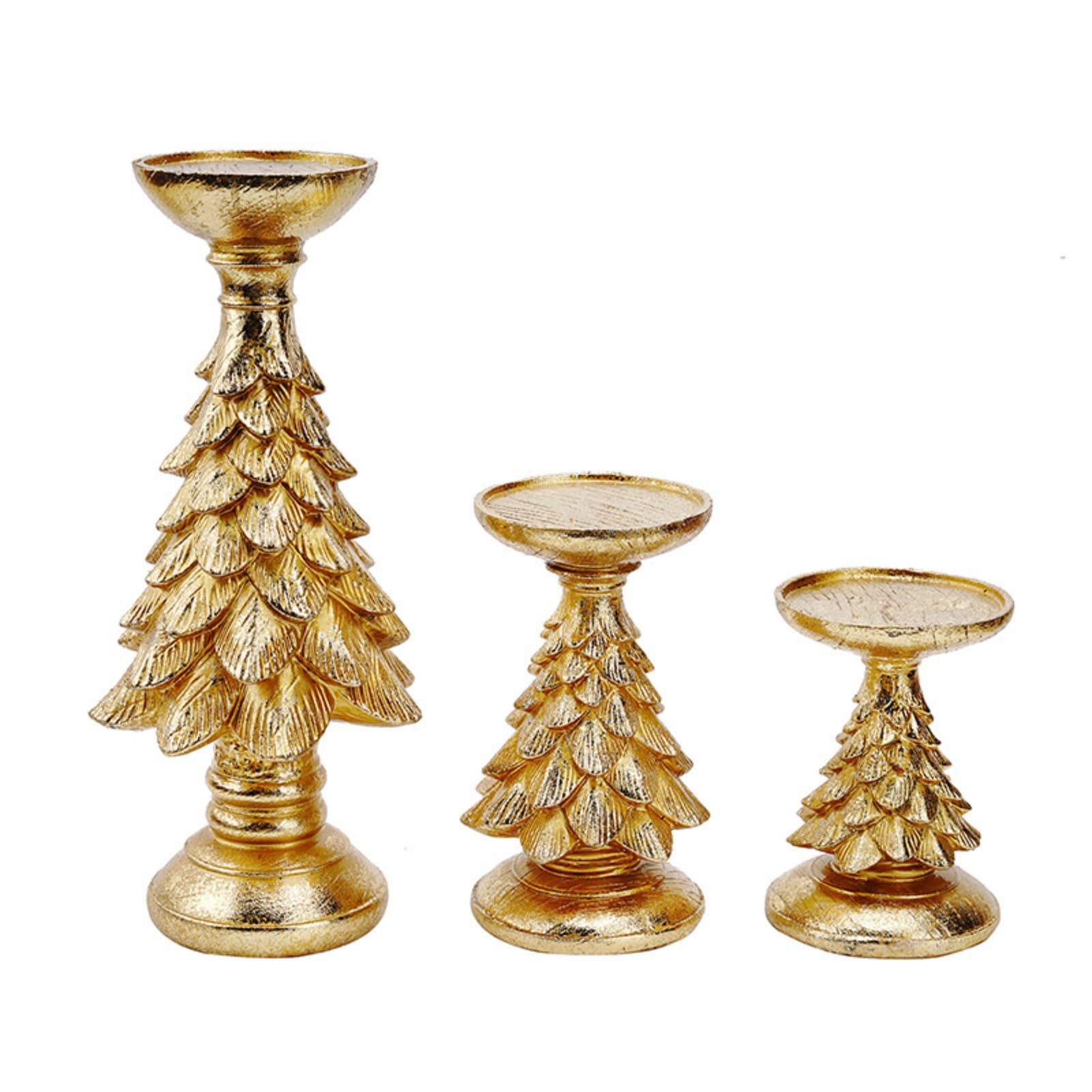 Portacandele in Resina Portacandela Albero di Natale Conifera Ornata Coppa per Tealight Struttura Stabile Base Arrotondata Adatto per Tavolo Centrotavola Ingresso, Oro, Set Da Tre