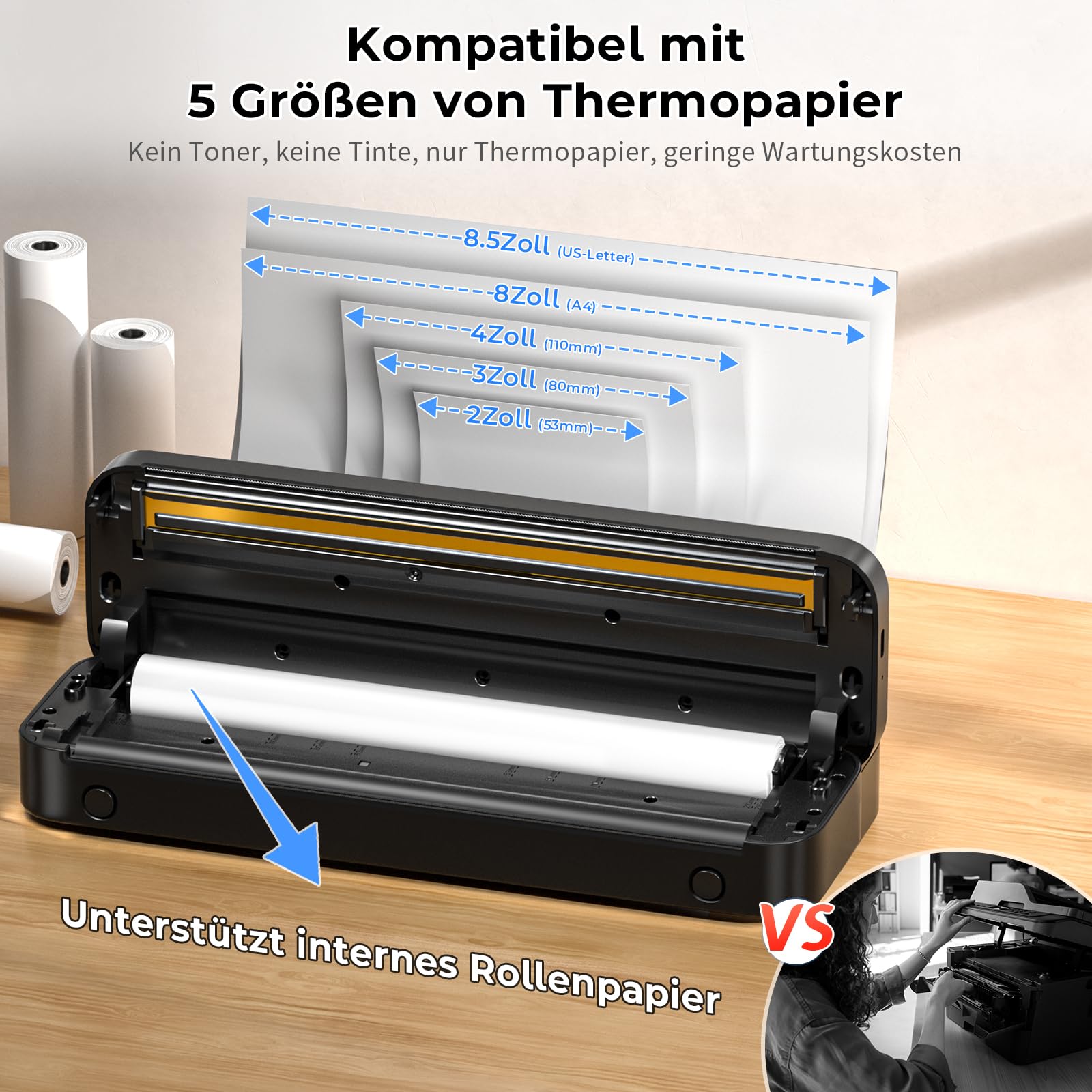 Mobiler Drucker A4 für Unterwegs, Tragbarer Drucker Thermodrucker A4 Wireless Bluetooth Inkless Handy Printer, 300dpi Portable Kompakt Reisedrucker für Android/iOS/Win/Mac Laptop