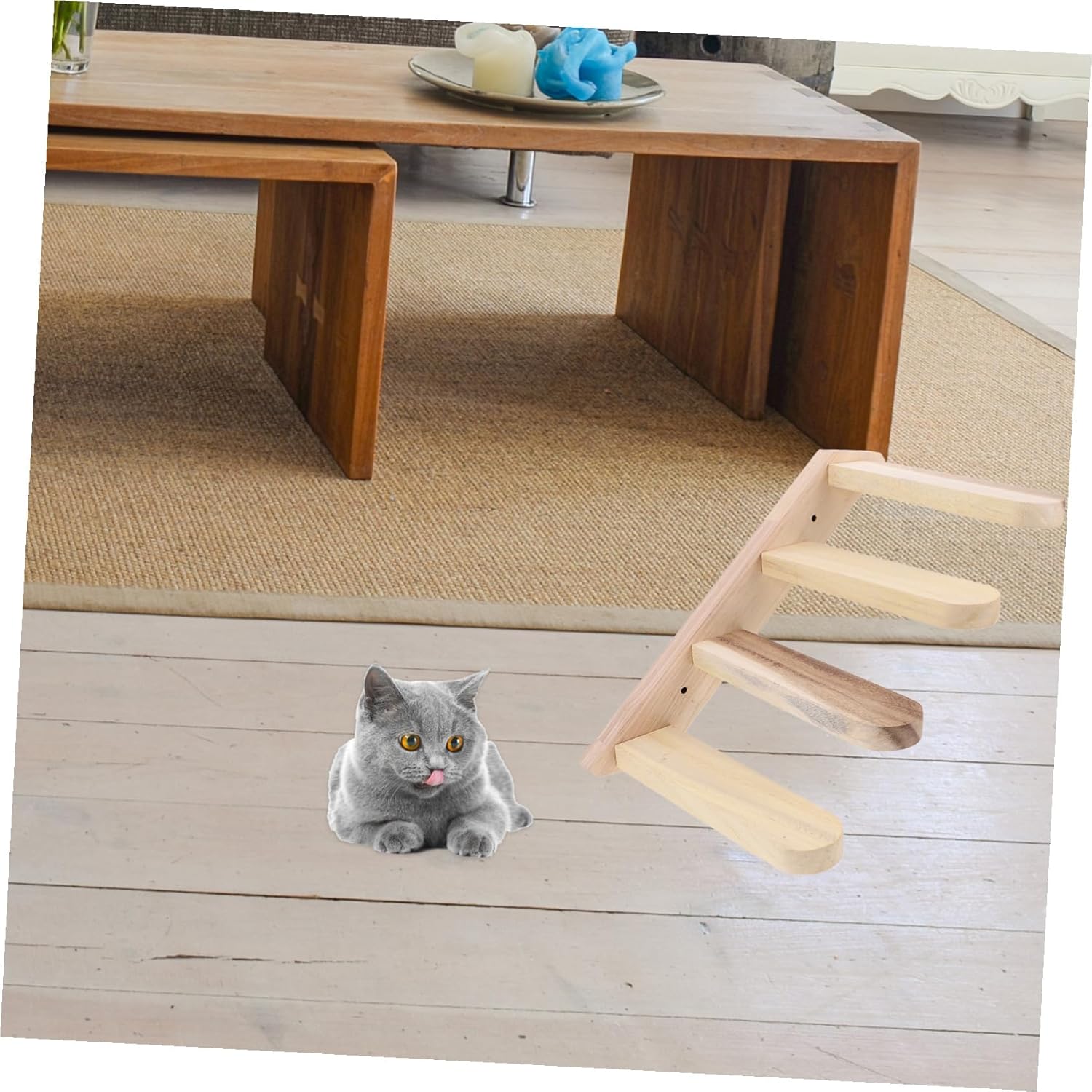 Mobestech Wooden Cat Climbing Ladder with Platform Wall-Mounted Steps Indoor Cat Furniture for Play and Exercise Solid Wood Board Safe for Kittens Home Decoration Compatible