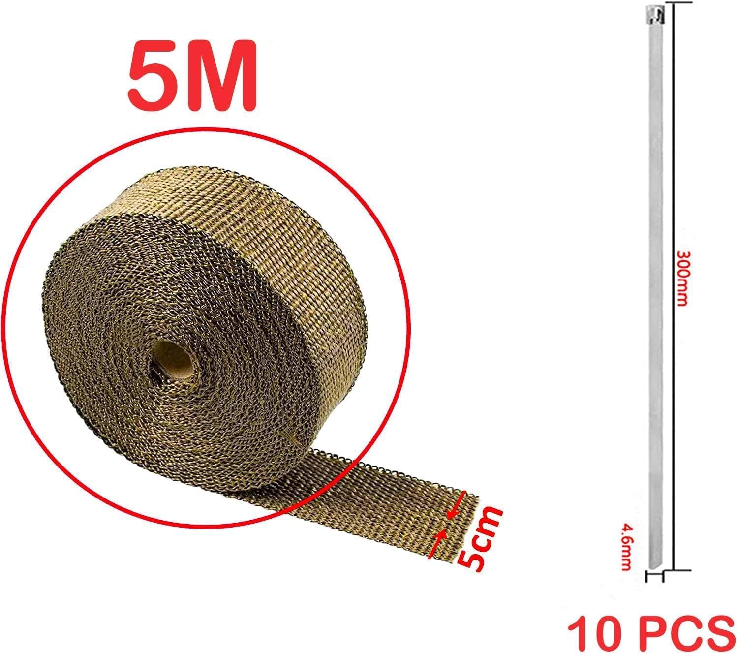 Fascia di protezione dal calore, PVUEL 15 m, in titanio, in fibra di basalto, nastro di scarico dorato con 12 fascette in acciaio inox, per collettore di scarico di moto e auto
