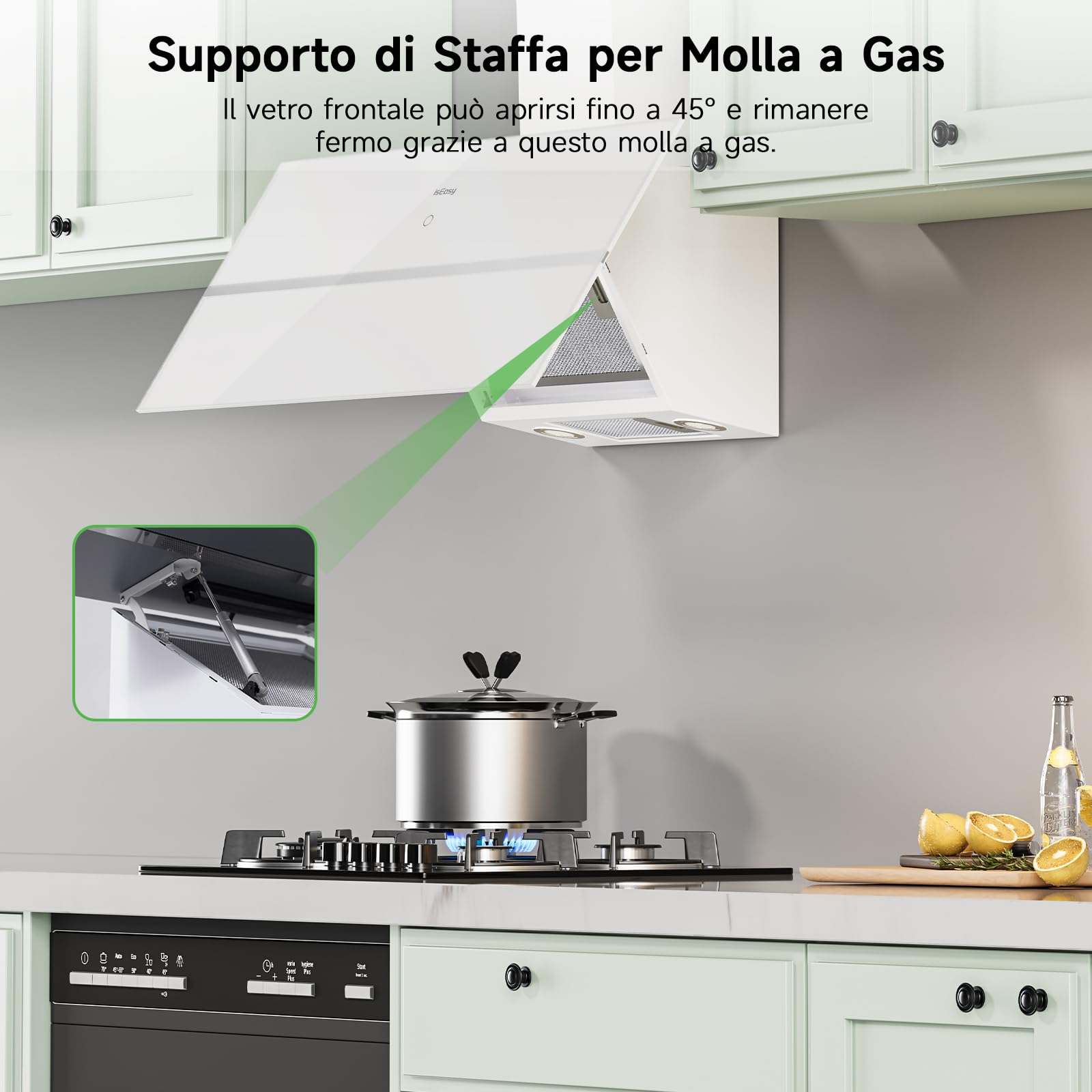 IsEasy Cappa Cucina, Cappa Aspirante 90 cm, 571 m³/h Forte Aspirazione, 4 Livelli di Regolazione, Ritenitore di Pannello, 1-9 Min Spegnimento Ritardato, Funzione di Memoria, 61 dB, Bianco, A++