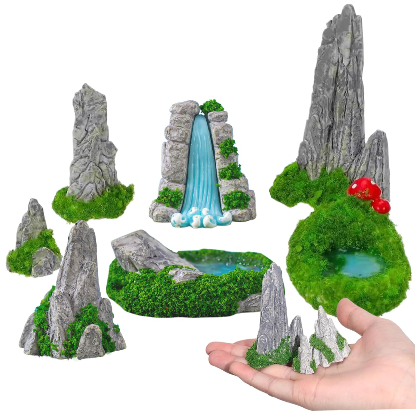 Pesoncarl Fairy Garden Kit, 7PCS/Set Mini Rockery Waterfall Fairy Garden Accessories, Waterproof Resin Zen Garden Accessories for Micro Landscape Bonsai Terrarium Decor
