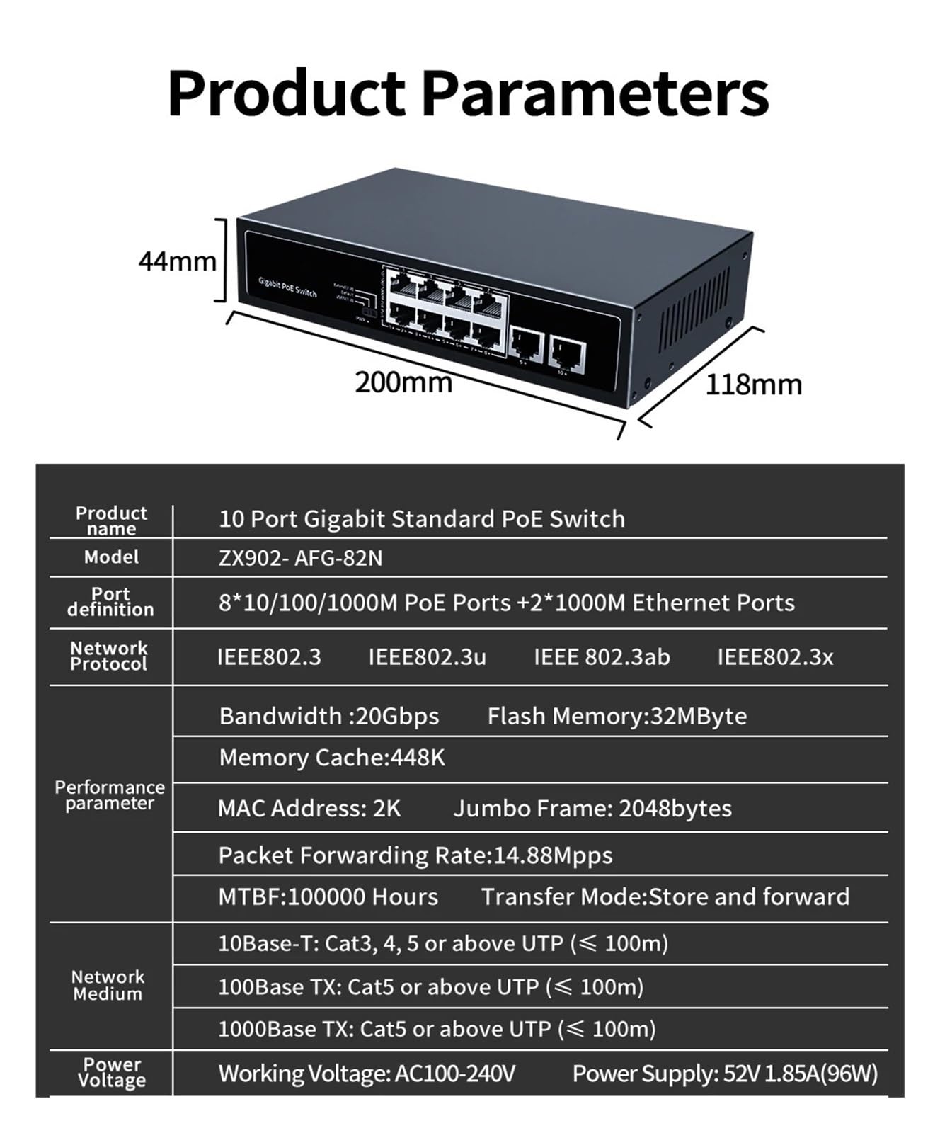 8-Port 1000...*Mbps PO//E Switch 2 Gigabit Uplink 1000BASE-T RJ45 przełącznik sieciowy 96 W Hub Internet Splitter Plug and Play
