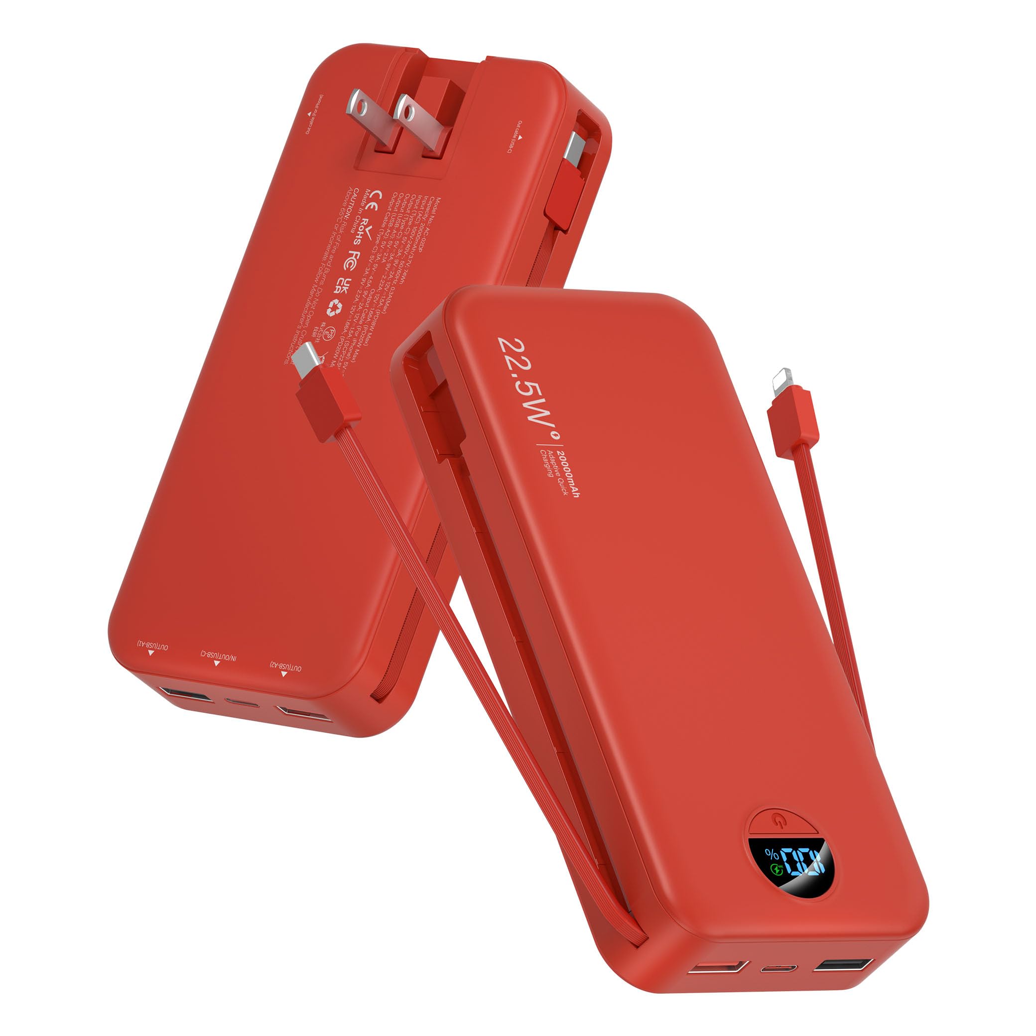 Portable Charger Power Bank, 20000mAh 22.5W USB C Fast Charging with Built-in Cable & Wall Plug, External Battery Pack with LED Display, Travel Essential for iPhone, iPad, Samsung Red
