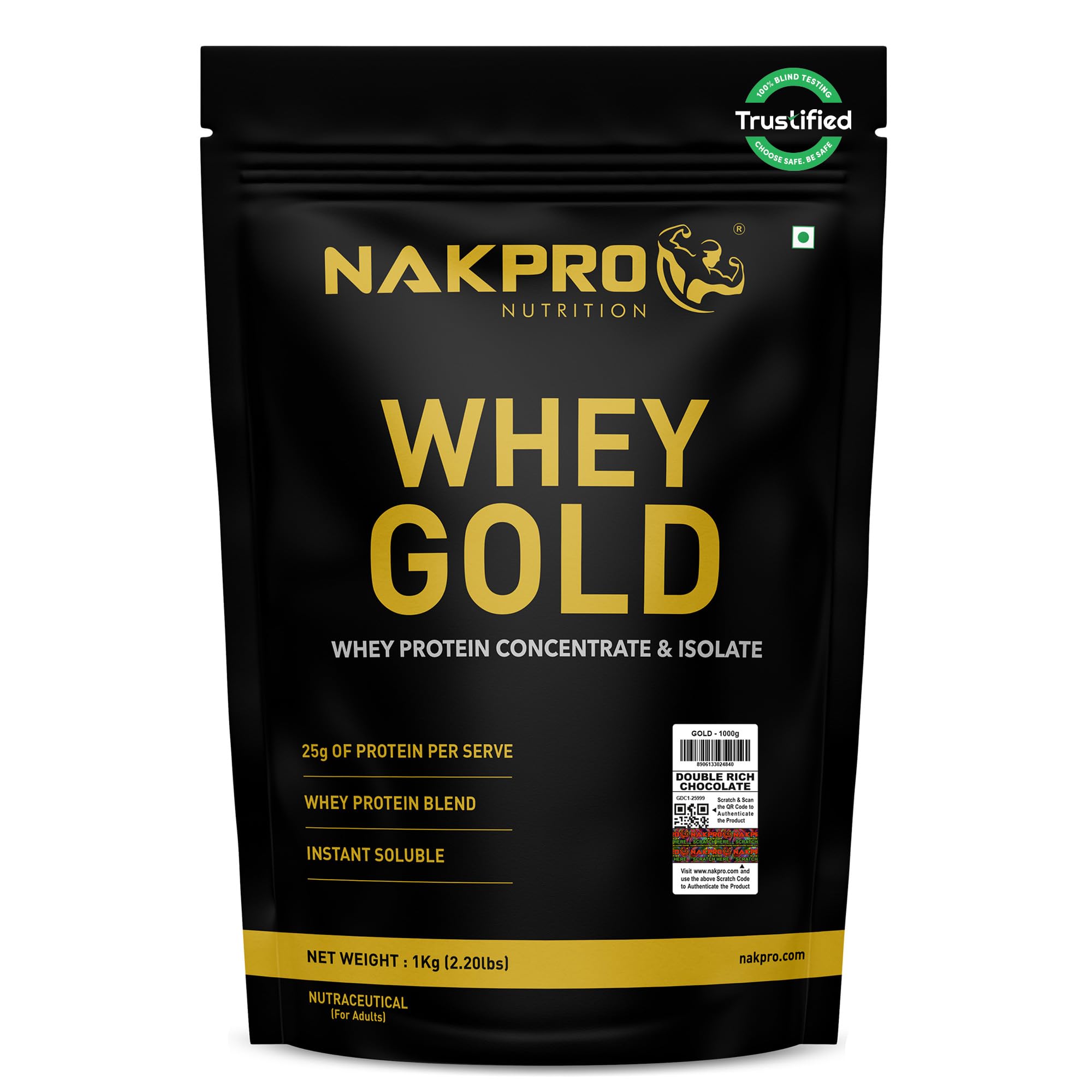 NAKPRO NUTRITION Gold Whey Protein Concentrate & Isolate 1kg Double Rich Chocolate flavour | 25.5g Protein, Trustified Certified