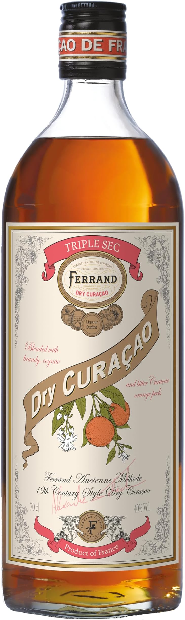 Ferrand Dry Curaçao Triple Sec Orange Liqueur 70cl, 40% ABV, French curaçao with Cognac, Laraha bitter orange peel, vanilla & spice for Margaritas, Sidecars & premium home-bar gifts