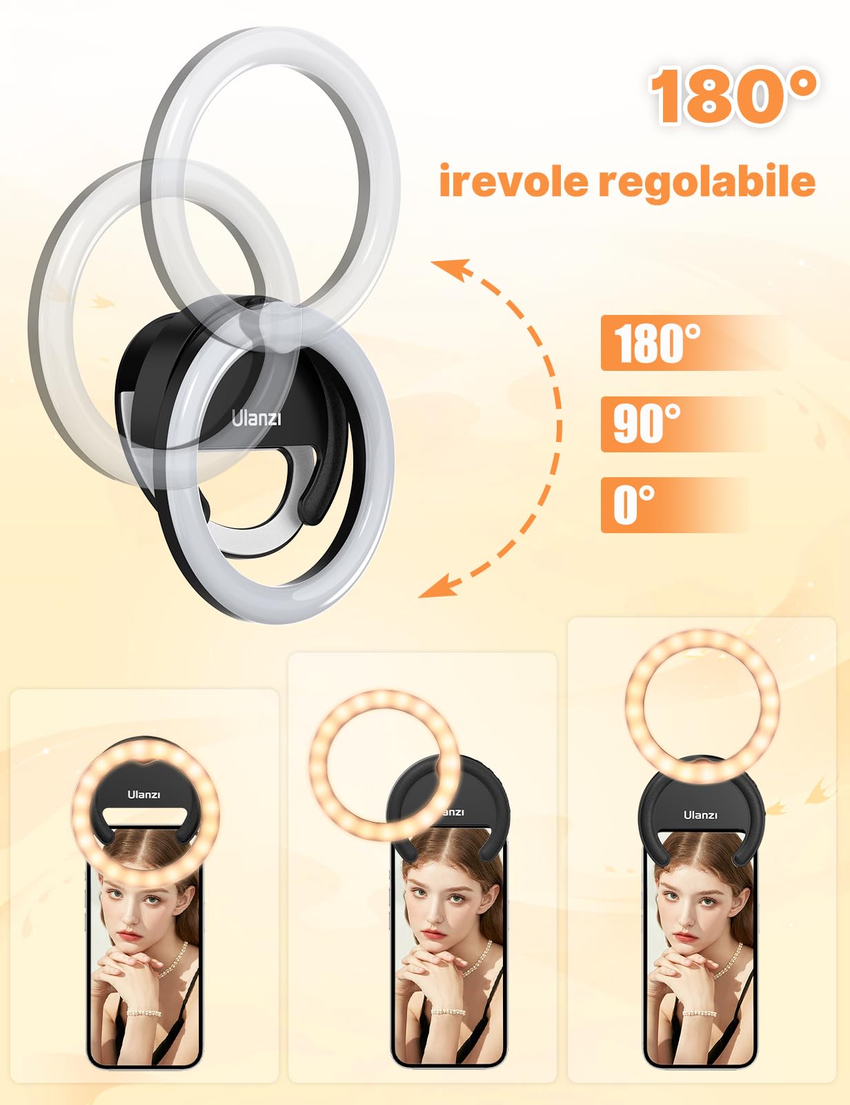 Luce Selfie Magnetica Per Smartphone - 3 Temperature Colore, Pieghevole, Batteria Lunga Durata, Con Specchio