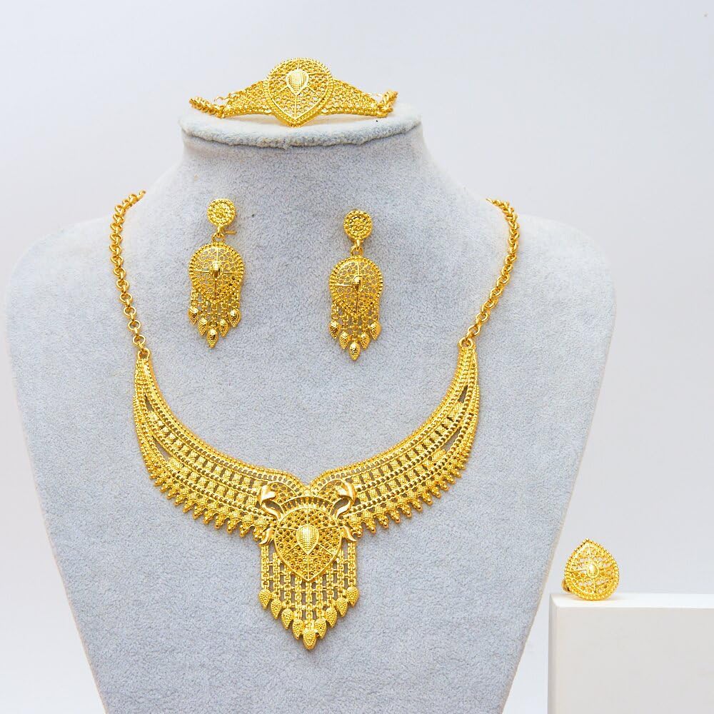 Gold-Tone Filigree Necklace Earrings Bracelet Ring Jewelry Set for Women image 5