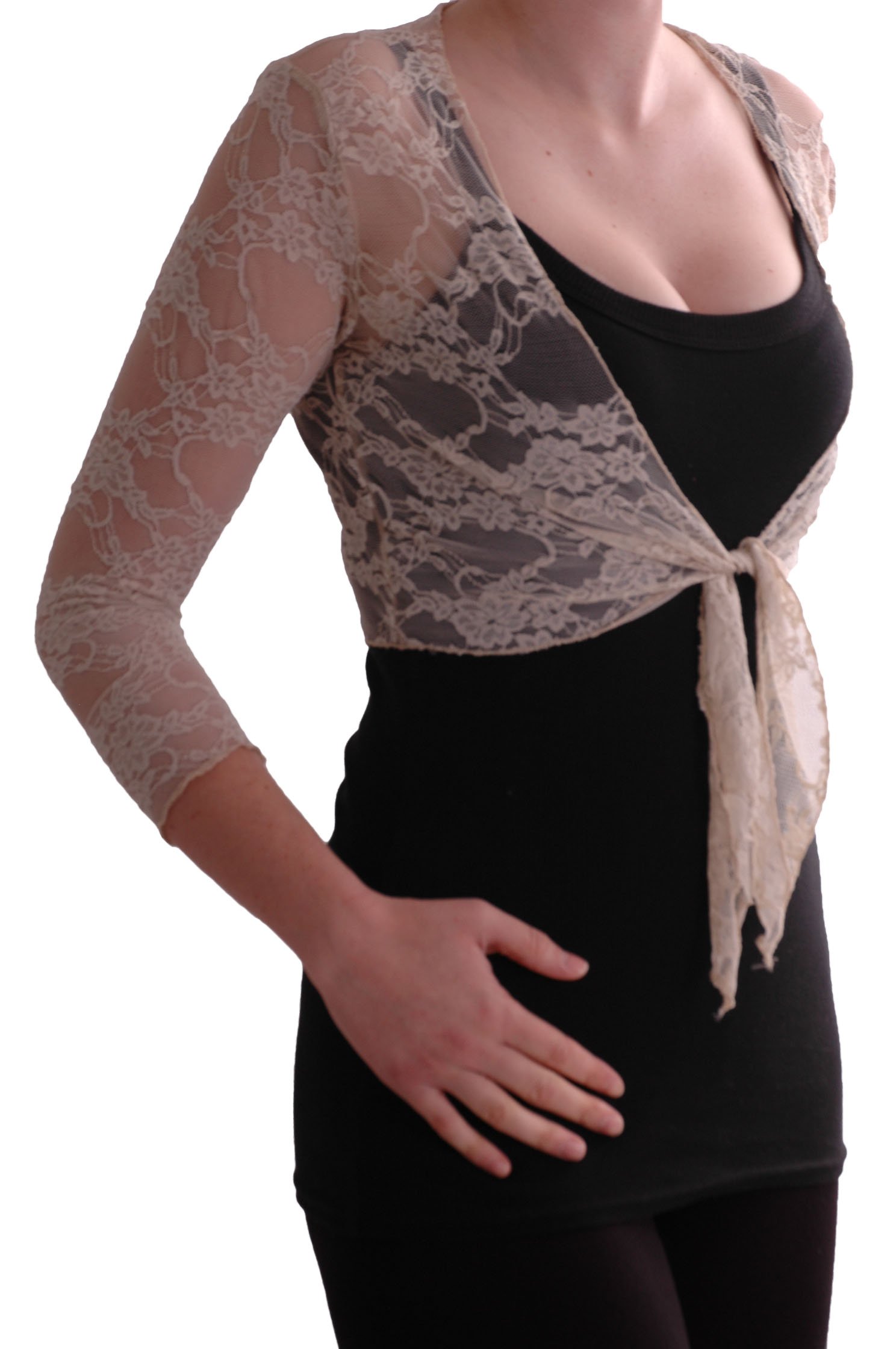 EyeCatch - Karina Lace Tie Front Bolero Cardigan Womens Shrug Tops Beige Size 8/10