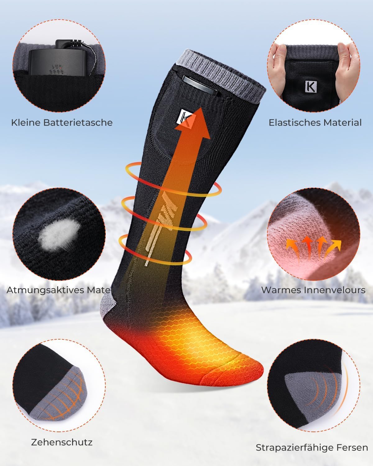 KEMIMOTO Beheizbare Socken mit Fernbedienung, 2600mAh*2 Beheizte Socken, Wiederaufladbaren Batterien Socken, Winter-Baumwollsocken Fußwärmer für Skifahren, Jagen