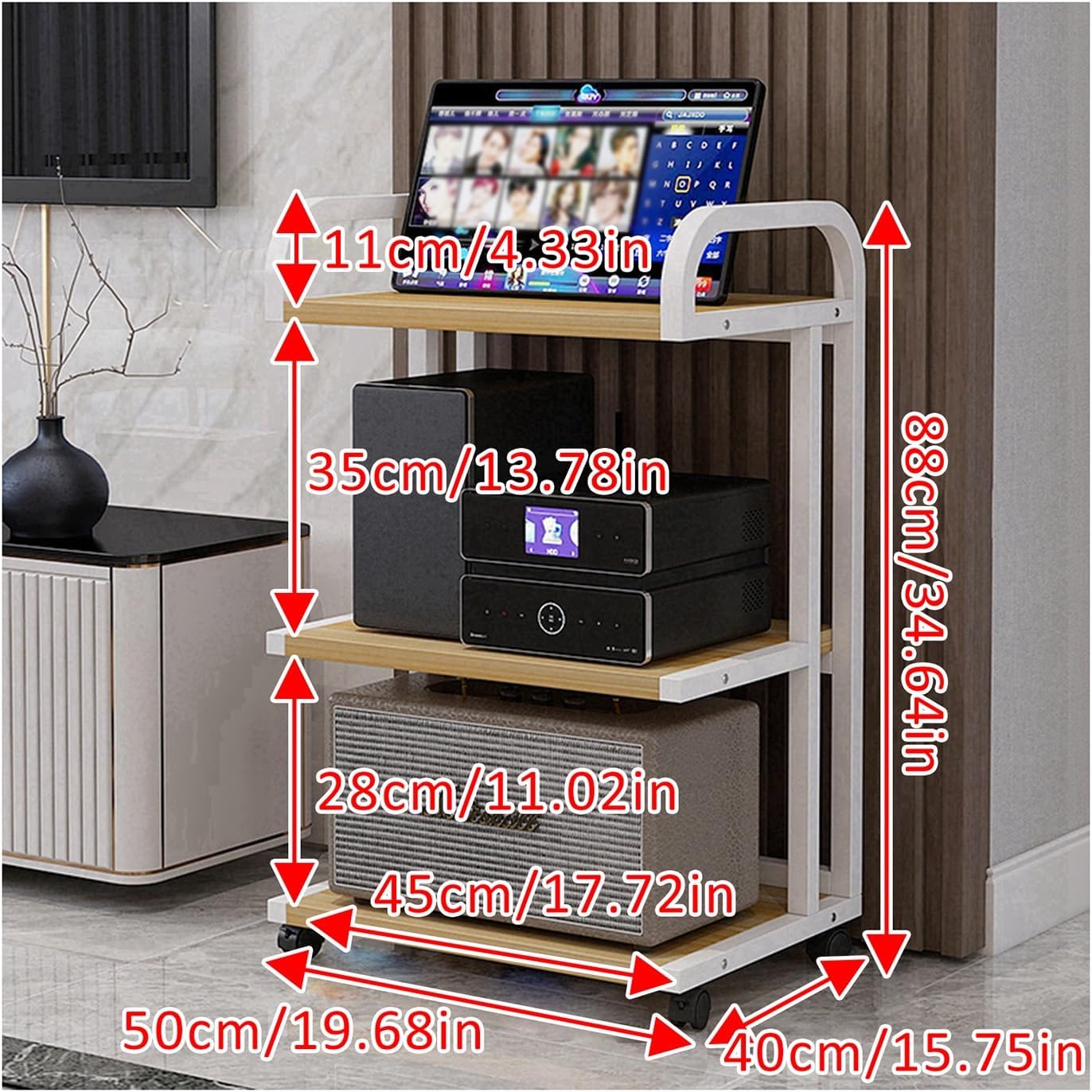 Media Stand Modern with Wheels Audio-Video Media Stand Floor-Standing Audio Rack with Storage Shelves Stereo Audio Rack Stand Tower Easy to Assemble for Living Gaming Recording Room.(Original wood,50x