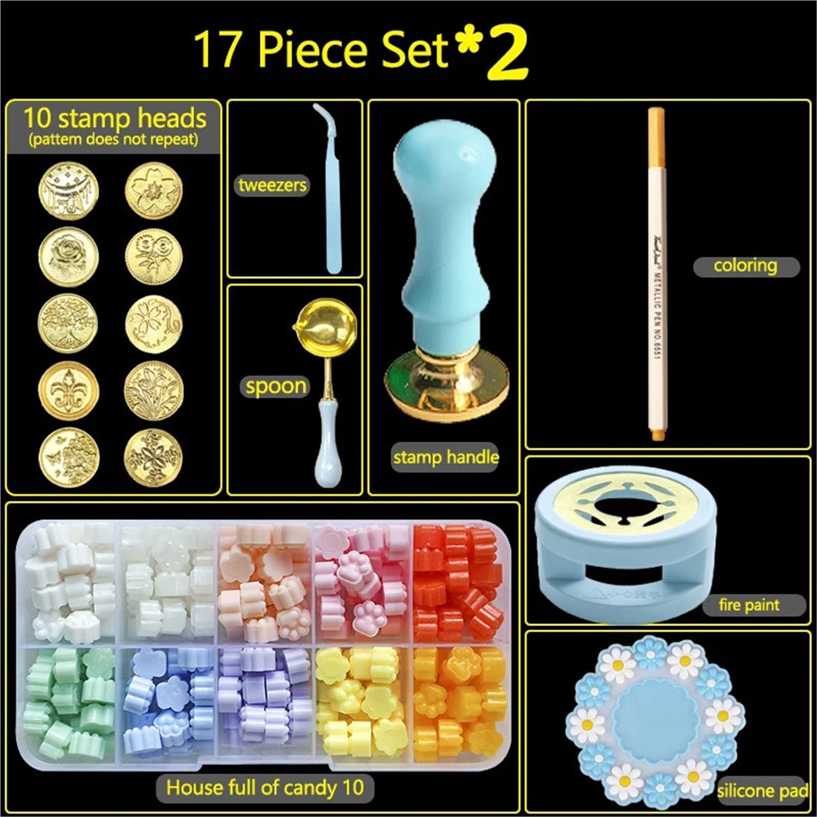 Ceralacca Kit Timbro Sigillo Di Ceralacca 17 Pezzi/1 Set | Sigillatura laccata Forniture artigianali fai-da-te Sigillo Intestazione Decorazione invito matrimonio(Random 2set)