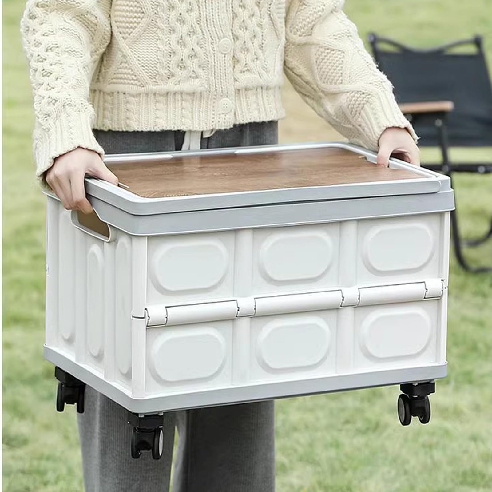 Caja de plástico plegable con ruedas, caja de almacenamiento plegable para comestibles, camping y compras, maletero de plástico duro con ruedas