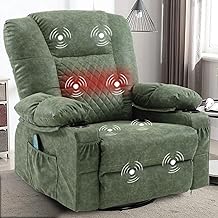 Rocker Recliner Chair with Massage Heat, Leather Oversized Swivel Recliners with Cup Holders, Overstuffed Manual Single Sofa Lounge Chairs for Living Room with USB Charge Port, Green