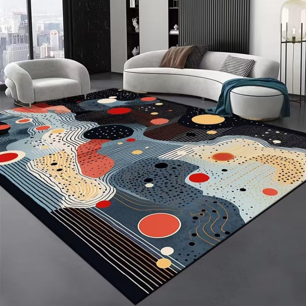 Tapis de salon antitache lavable bleu fini les glissades 80x80