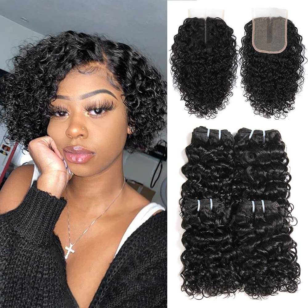UDU Water Wave Bundles with T Part Lace Closure 10A Wet and Wavy Human Hair Bundles with Closure 100% Unprocessed Human Hair Extensions Short Curly Remy Hair Weft with Middle Part Closure 50g/bundle