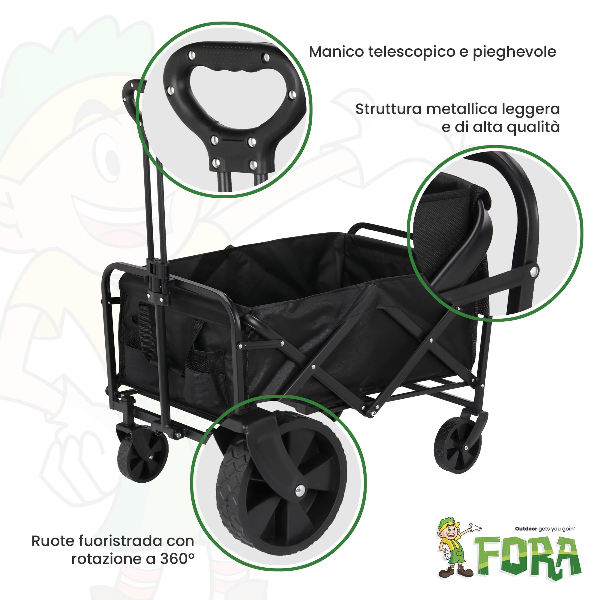 Fora Carrello da trasporto pieghevole con ruote grandi - Carrello multiuso per spiaggia, campeggio, giardino e shopping | struttura robusta, maniglia estensibile regolabile, tessuto impermeabile