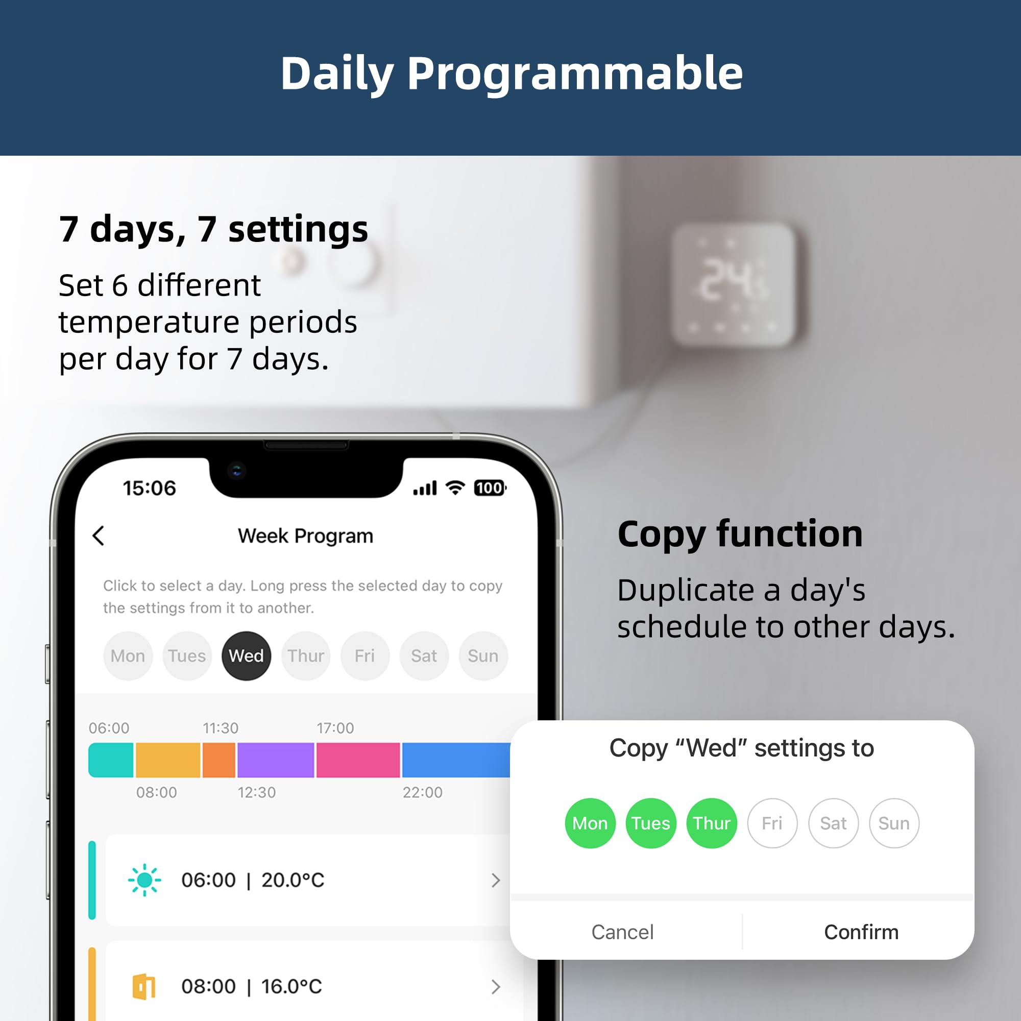2-przewodowy termostat Wi-Fi. Programowalny codziennie termostat Wi-Fi. Zdalnie sterowany przez TUYA lub Smart Life, kompatybilny z Google Assistant i Alexa.