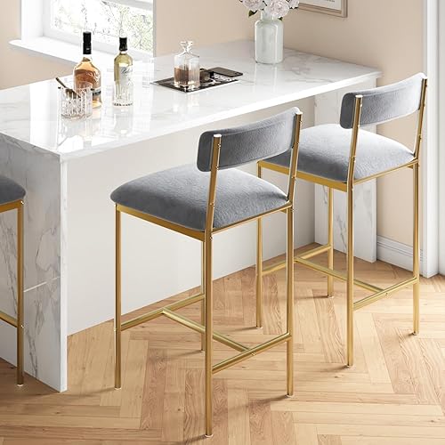 GAOMON Juego de 2 taburetes de bar de altura de mostrador con reposapiés, taburetes de cocina tapizados de terciopelo, sillas de bar con respaldo