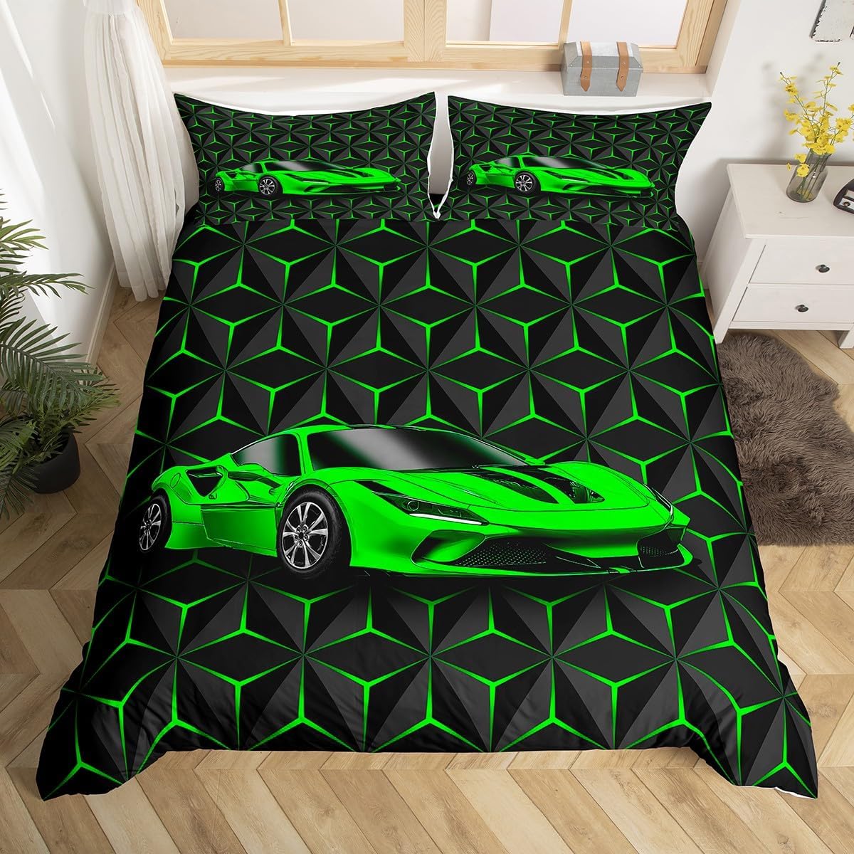 jejeloiu Boys Green Race Car Bedding Set Toddle Size Solid Geometric Duvet Cover for Kids Teens Extreme Sports Comforter Cover Set Fast and Furious Bedspread Cover 2Pcs Zipper Closure