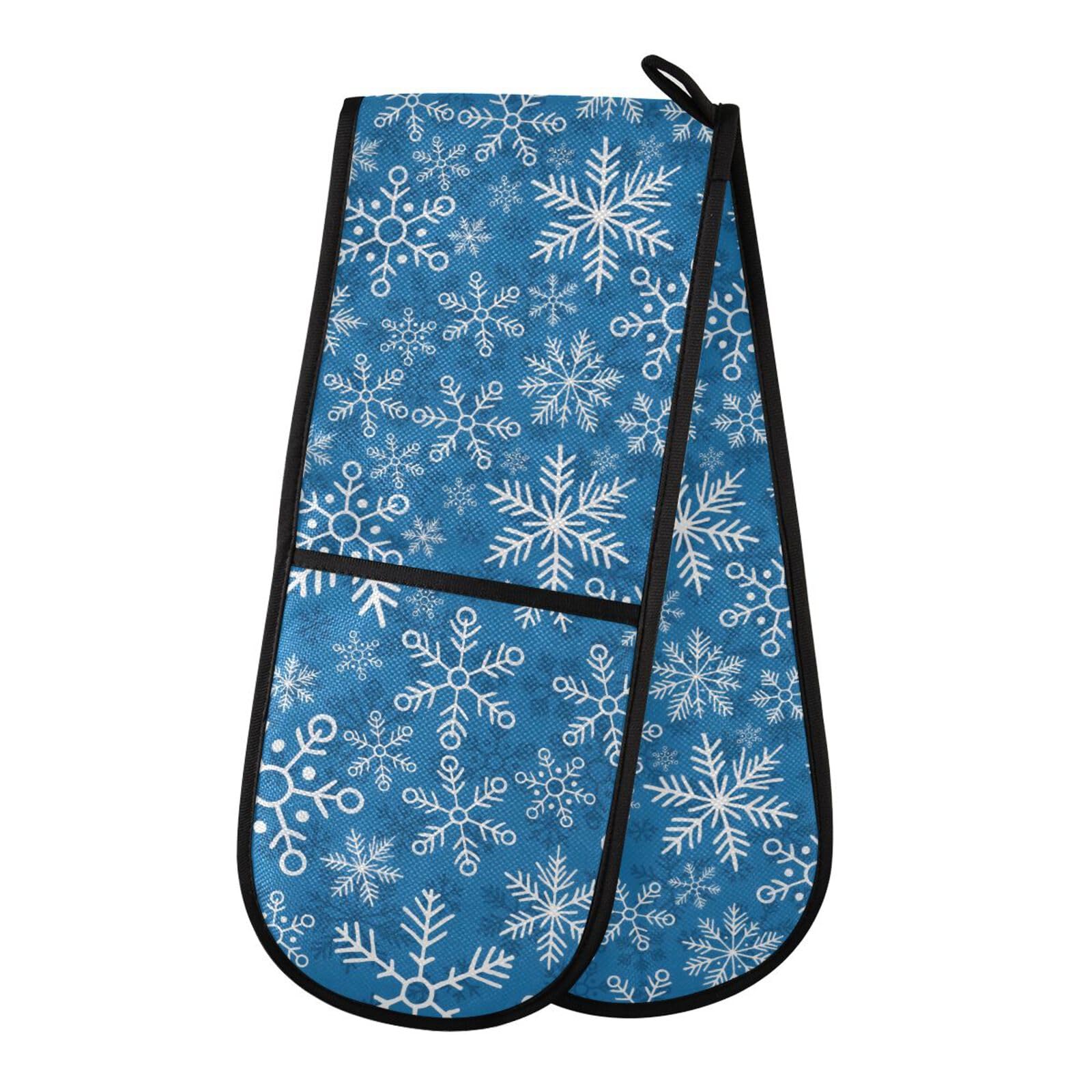 Oven Gloves Double Oven Gloves White Snowflakes Snow Blue Oven Mitts Pot Holder Heat Resistant Quilted for BBQ Baking Kitchen Cooking Gloves