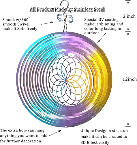 Miniatura 7 de Molinillo de viento con mandala Flower of Life de 12 pulgadas de acero inoxidable 3D cortado con láser, patrón geométrico que vale la pena regalar,