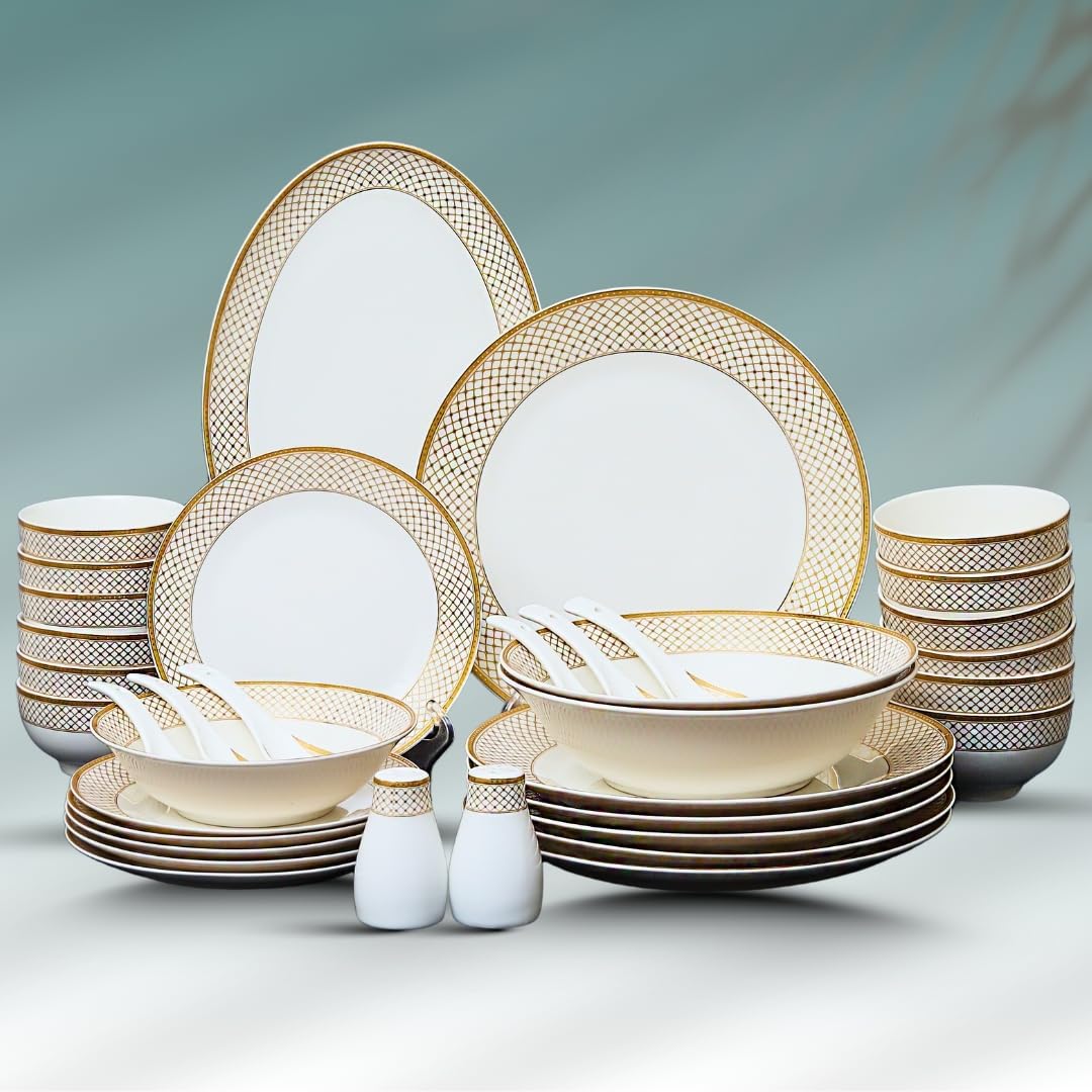 Fine Bone China 36 Pieces Dinner Set, Premium and Designer Crockery Dinnerware Set (White::Multicolor) - LCH-010D