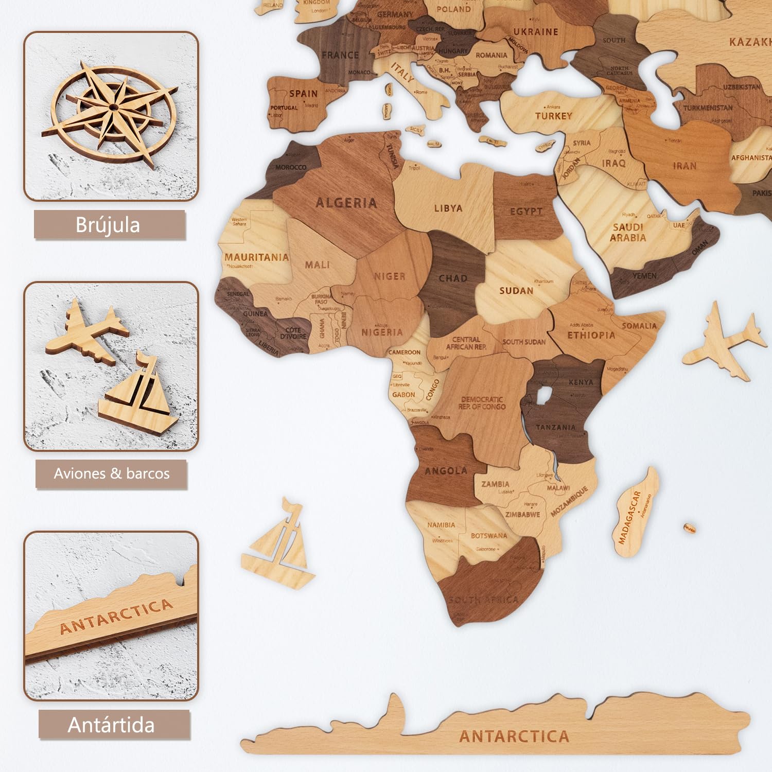 Creawoo Mapa del Mundo 3D de Madera para Decoración de Pared, Grande Mapamundi Maciza Natural Multicapa Arte de Pared para Oficina Sala de Estar Dormitorio, Mapamundi de Viaje de Madera-200x114cm