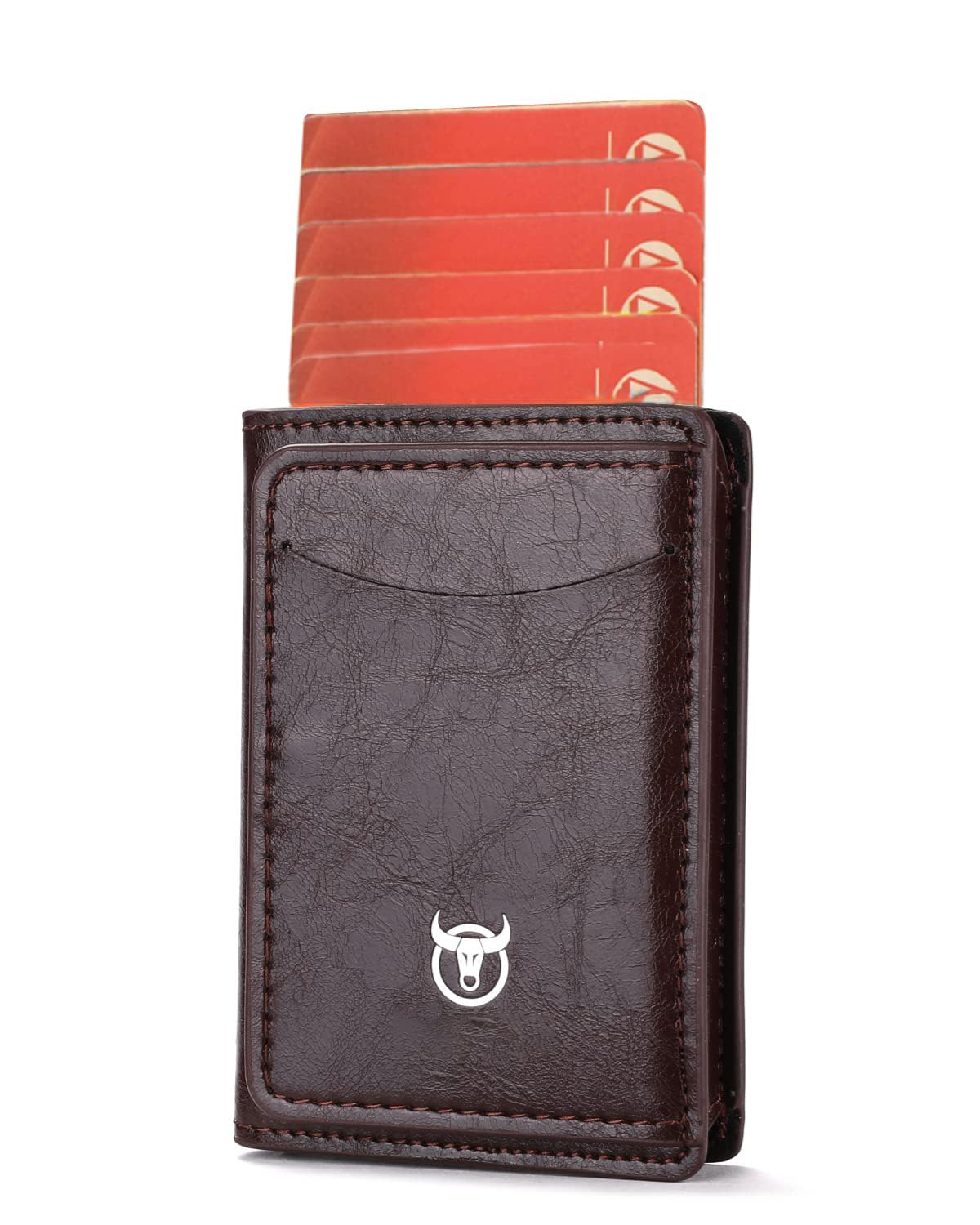 Excefore Minimalist Wallet for Men with Cellphone Stand Small Metal Pop Up Wallet Slim Leather Credit Card Holder with Cash Strap (Coffee)