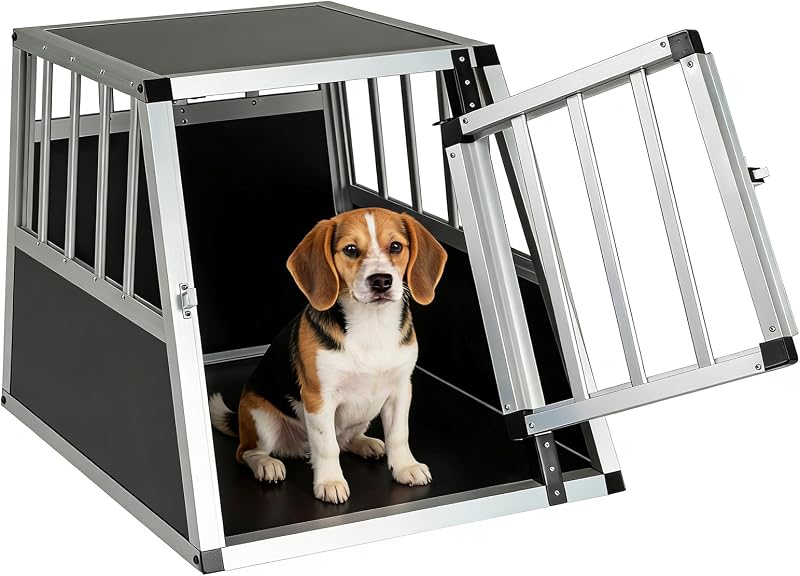 GYMAX Alu Hundetransportbox, Hundebox Auto Kofferraum mit Sicherheitsverschluss, leicht & stabil, Tiertransportbox Hunde fĂŒr Camping & Zuhause (69,5 x 54 x 50,5 cm)