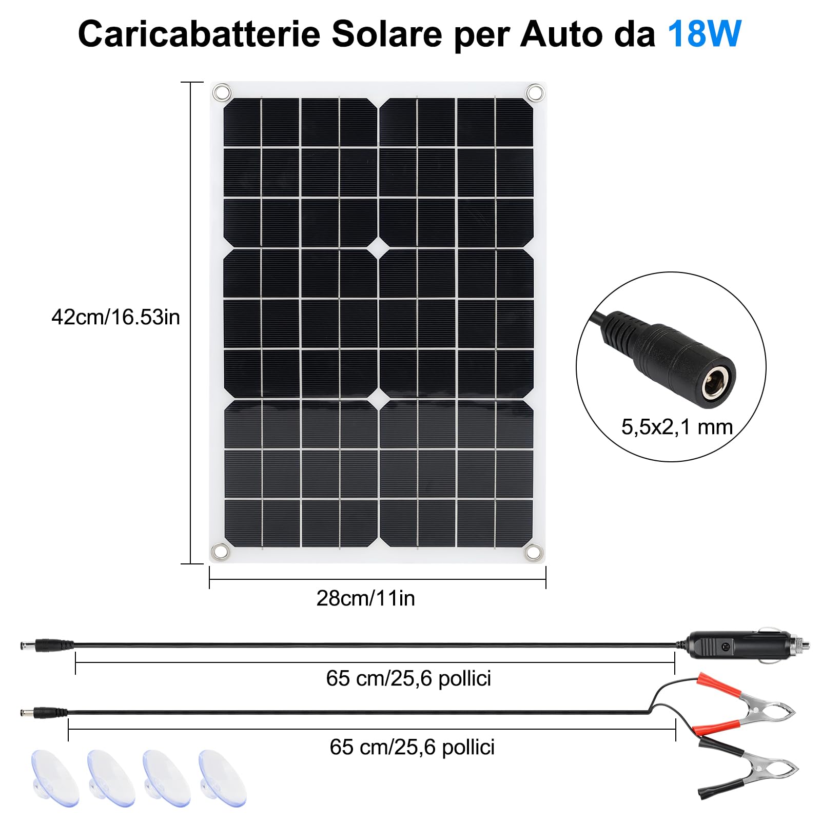 18W Pannello Solare Caricatore di Mantenimento 2-Port USB, Carica Batteria per Auto, Alimentazione di Emergenza a Pannello Solari Portatile con Adattatore a Coccodrillo per Camion, Moto