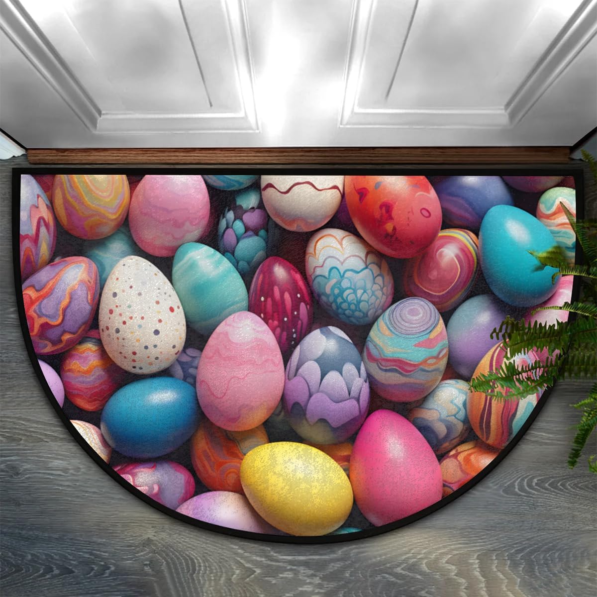 cfpolar Half Round Door Mat Easter Eggs Pattern Non-Slip Semi Circle Area Rug Washable Semi Circle Floor Rug for Indoor Outdoor Living Room Bathroom Kitchen Patio Hearth Rugs Home Decoration