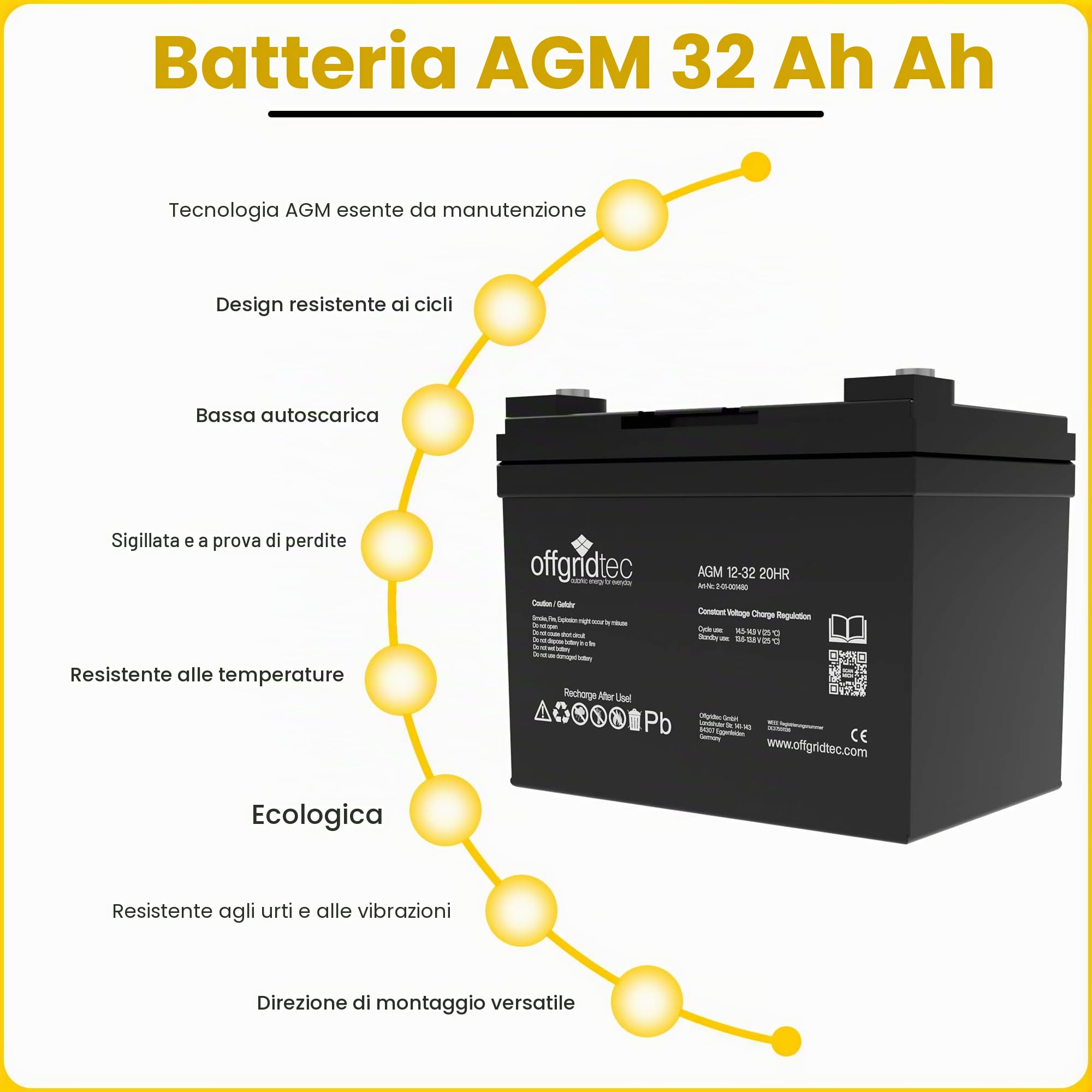 Offgridtec Batteria Solare AGM VRLA 12V 32Ah 20HR, Batteria AGM Deep-Cycle per Impianti Solari e Ibridi, Terminali a Vite M6, Bassa Autoscarica, Esente da Manutenzione, a Prova di Perdite