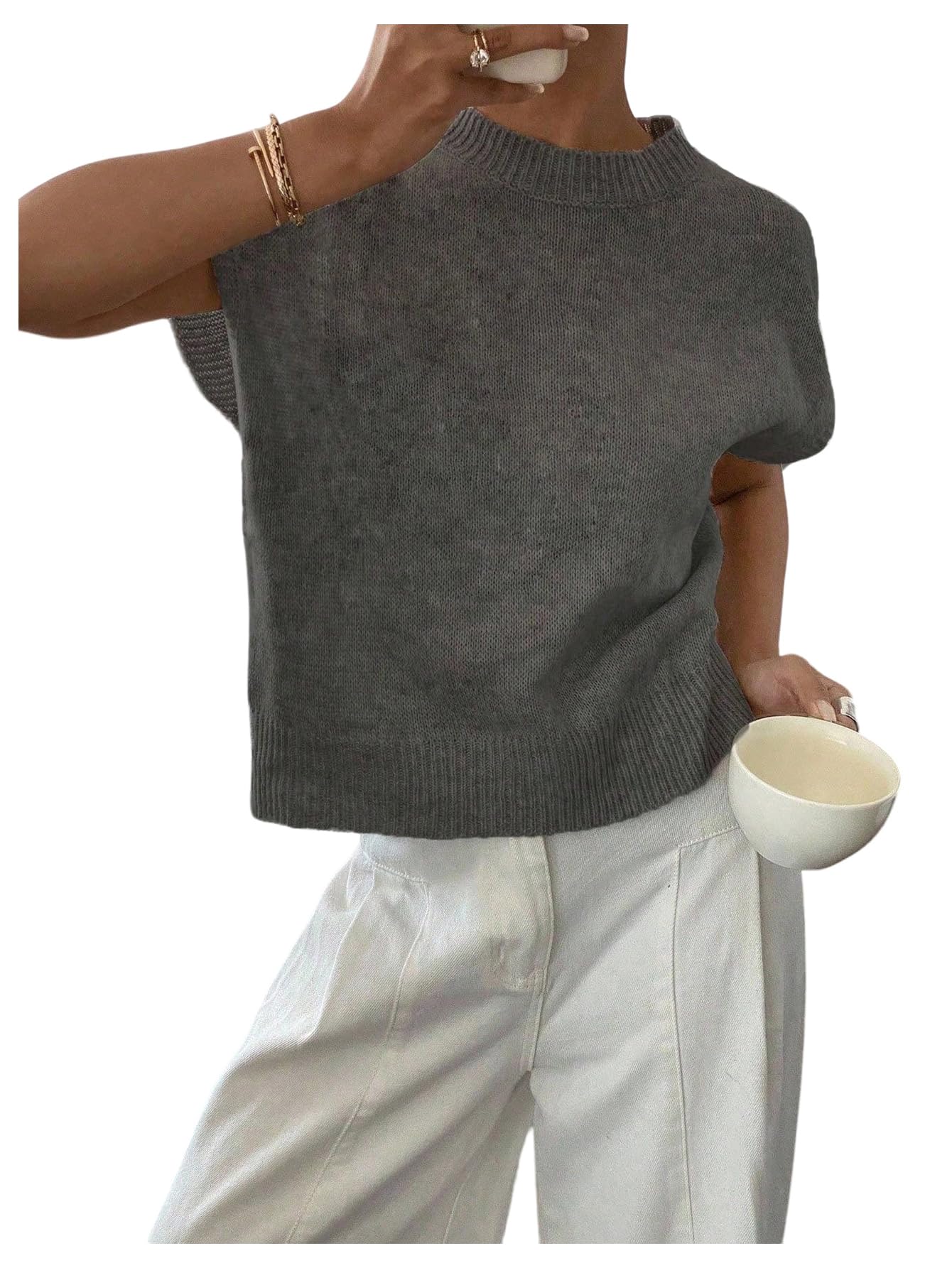 SOLY HUX Womens Short Sleeve Sweater 3D Floral Sweaters Pullover Tank Tops Knit Vest Trendy Fashion Clothing Plain