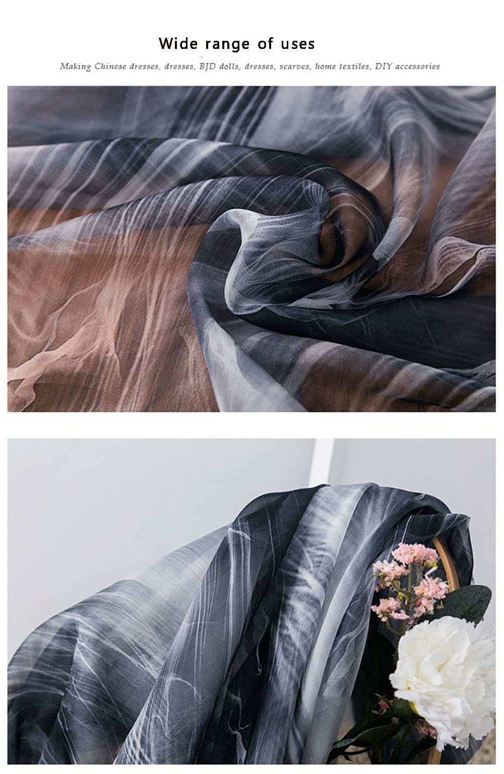 Tela acolchada de gasa por metro, 144,8 cm de ancho, 100 % poliéster con estampado de humo, tela de tul para bodas, fiestas, vestidos, decoración de eventos (tamaño: 5 m)