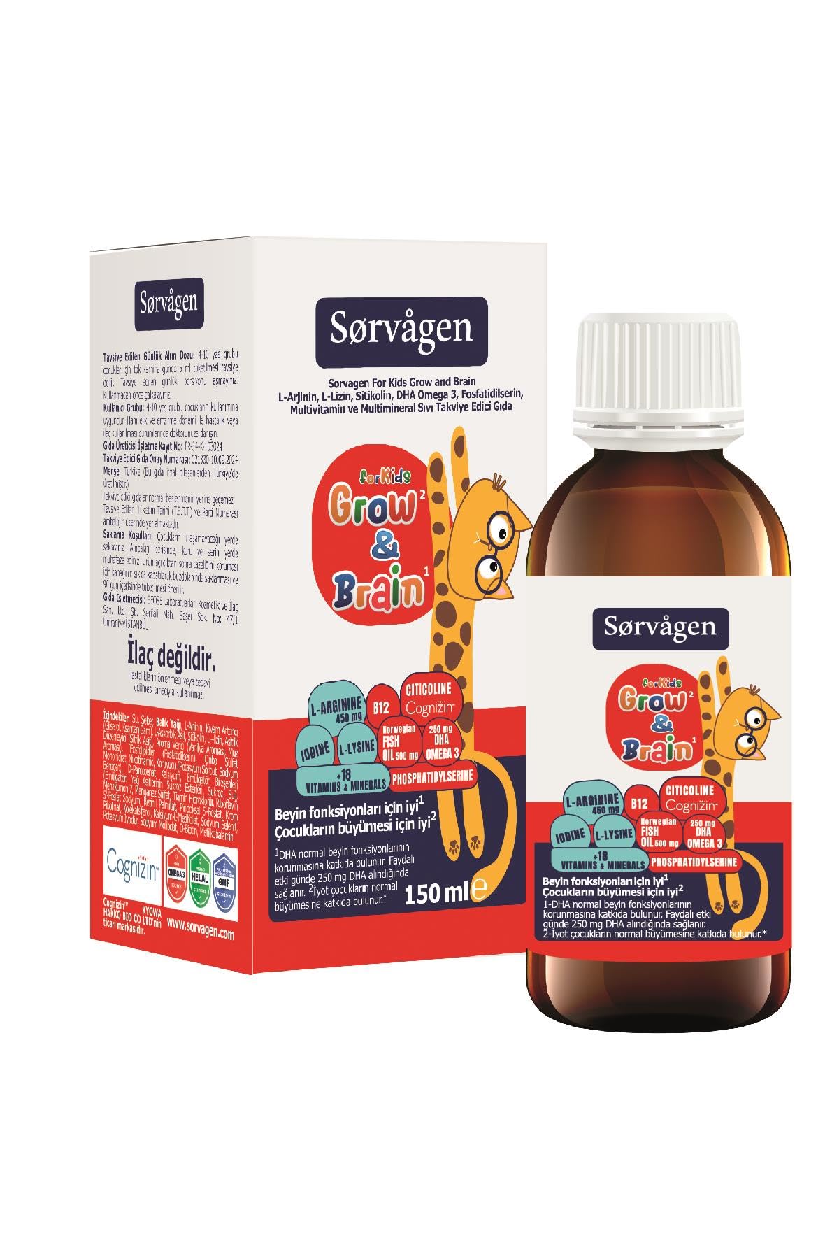 SORVAGEN Grow&Brain L-arjinin, Sitikolin, Fosfatidilserin, DHA Omega 3, B12, L- lizin, Multi Vitamin