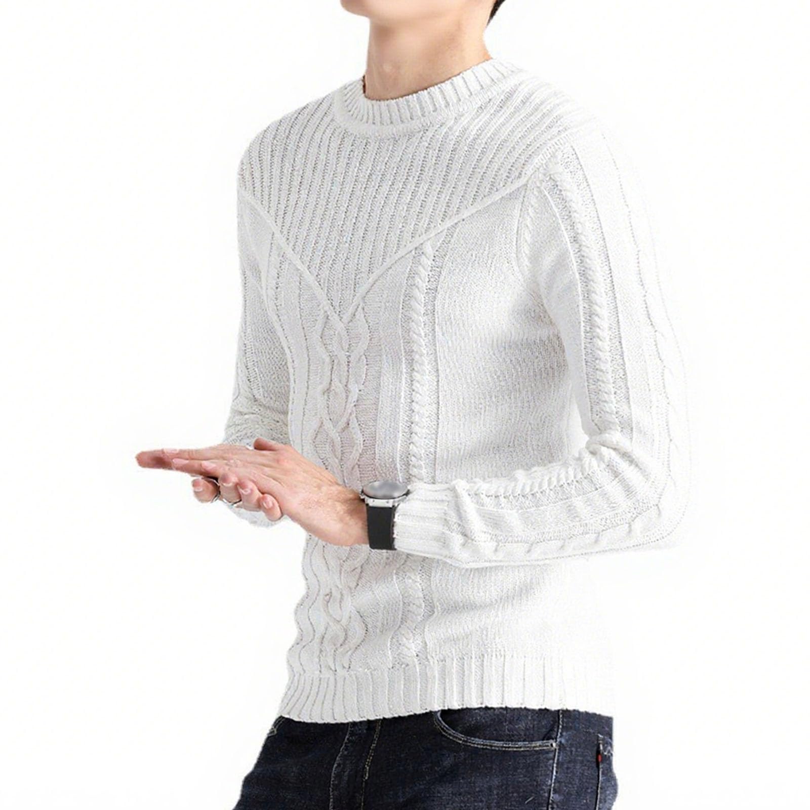 Maglione da uomo a girocollo lavorato a maglia, grosso, caldo e accogliente | Stile spesso invernale, maniche lunghe raglan, tinta unita di base, maglione casual lavorato a maglia con bordo a costine
