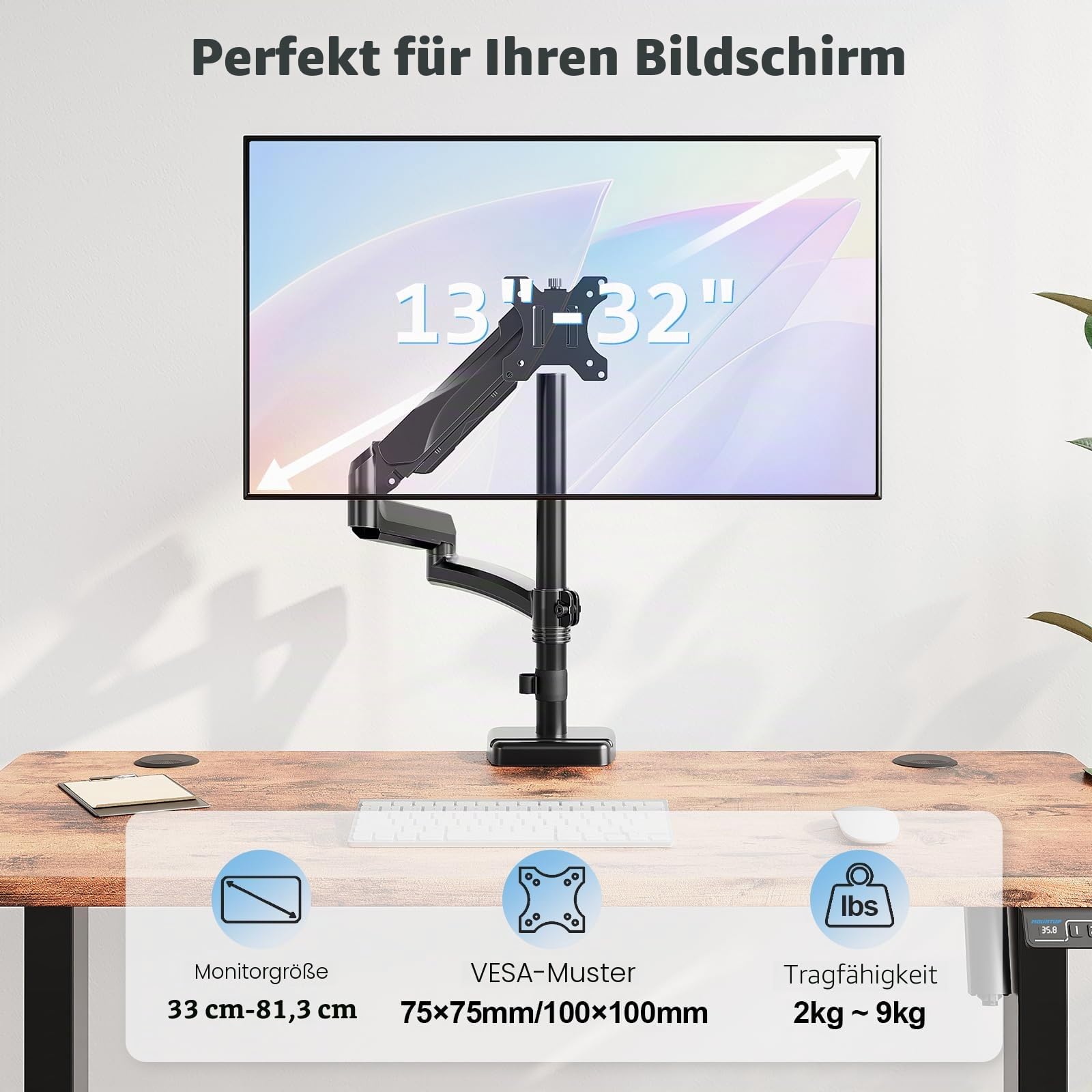 MOUNTUP 705mm Langarm Monitor Halterung für 13–32 Zoll Monitore bis zu 9 kg | Höhenverstellbare Einzelner Bildschirme Ständer mit Neigen, Schwenken, Drehen, platzsparend für Büro, Homeoffice & Gaming