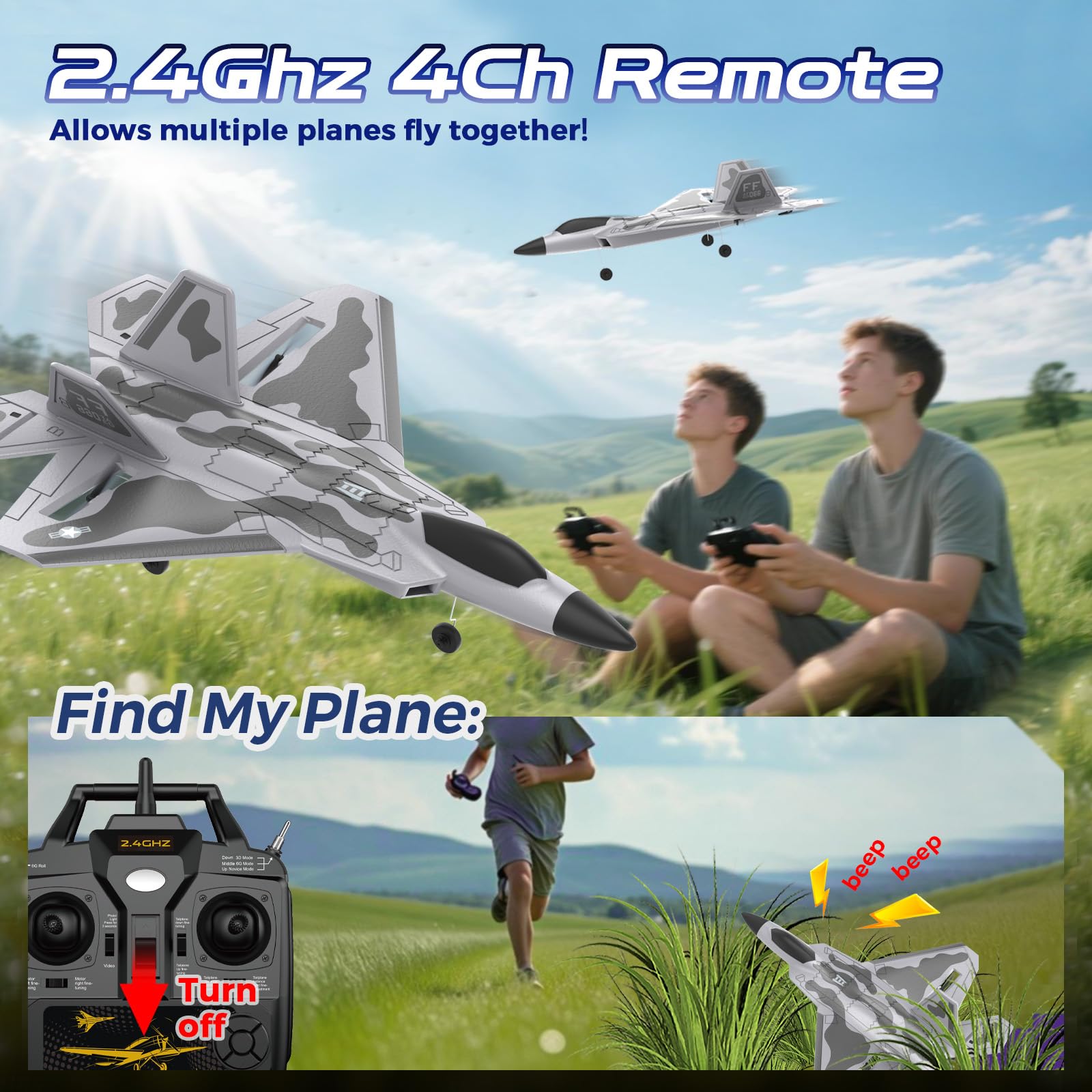 CKYSCHN Aereo radiocomandato F22 - Aereo da combattimento RC a 4 canali per principianti adulti con luci, 2,4 GHz 6 assi Gyro Stabilizzatore RTF RC Aircraft con 2 batterie