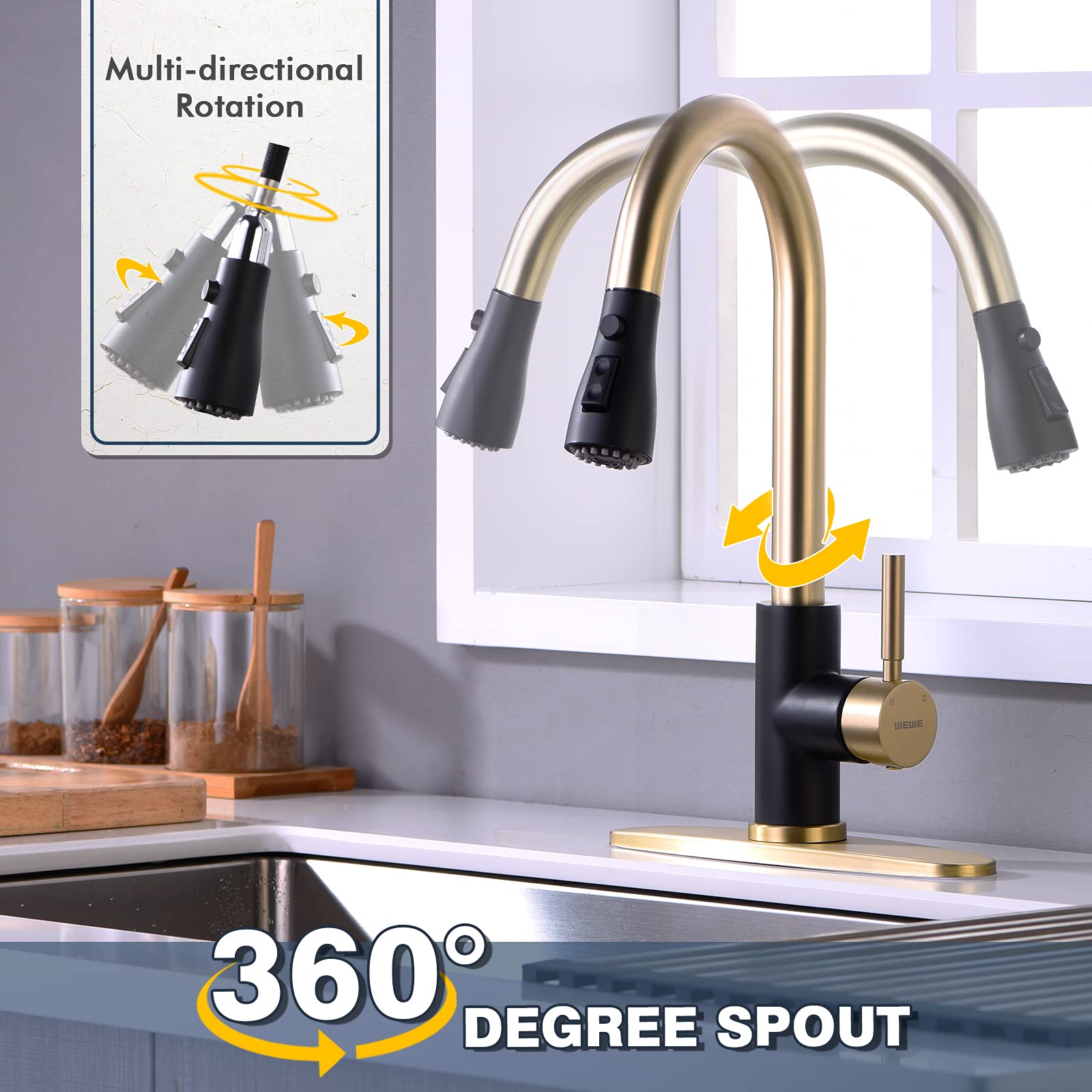 Black and Gold Kitchen Faucet with Pull Down Sprayer WEWE, Commercial