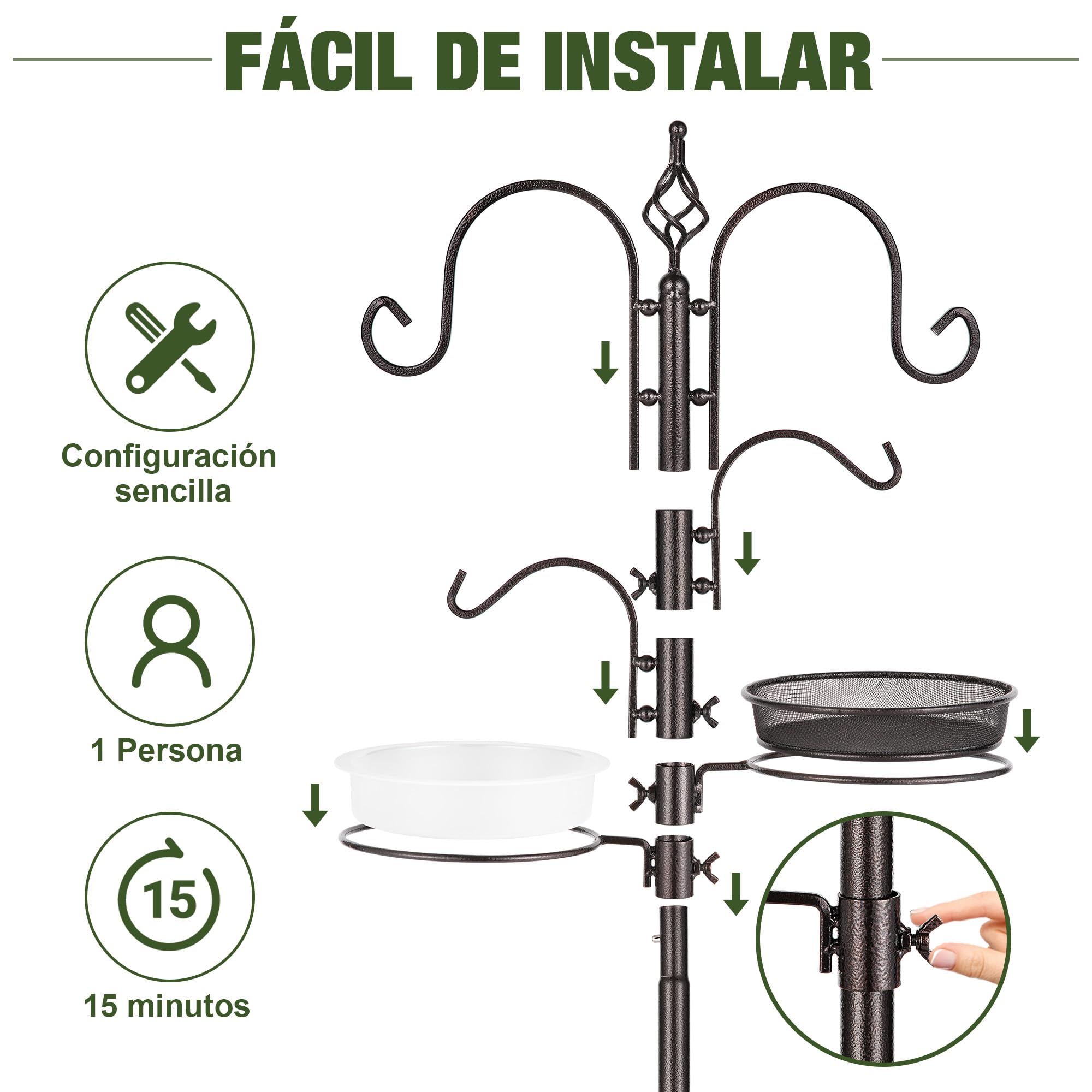 Urban Deco Kit de estación de alimentación para pájaros, colgador multialimentador para colgar con alimentador de sebos de metal, baño para pájaros para atraer pájaros silvestres