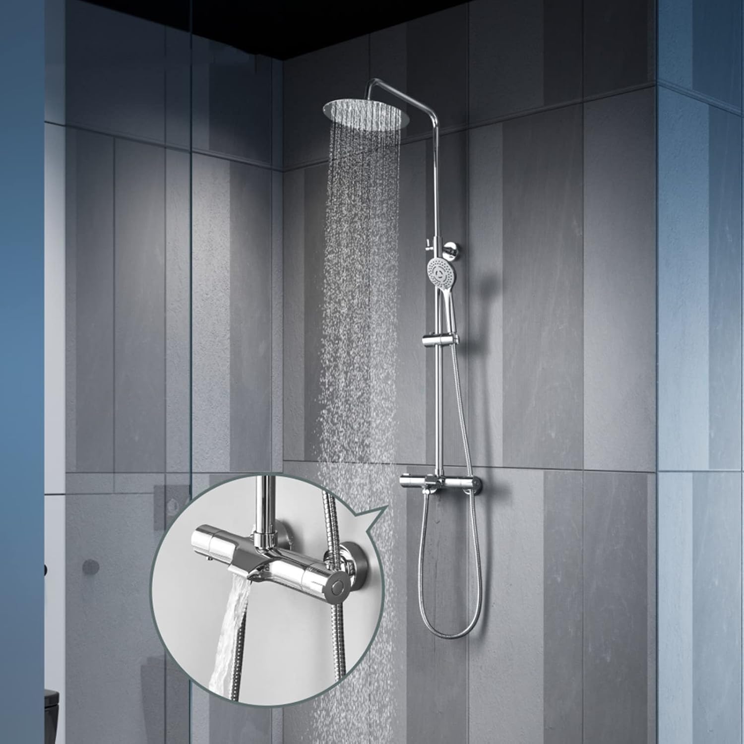 Thermostatic Shower System Wall Mounted Shower Faucet Set with Waterfall Tub Spout Bathroom Brass Chrome Shower Fixture with Height Adjustable Rain Shower Head and 3 Mode Hand Shower