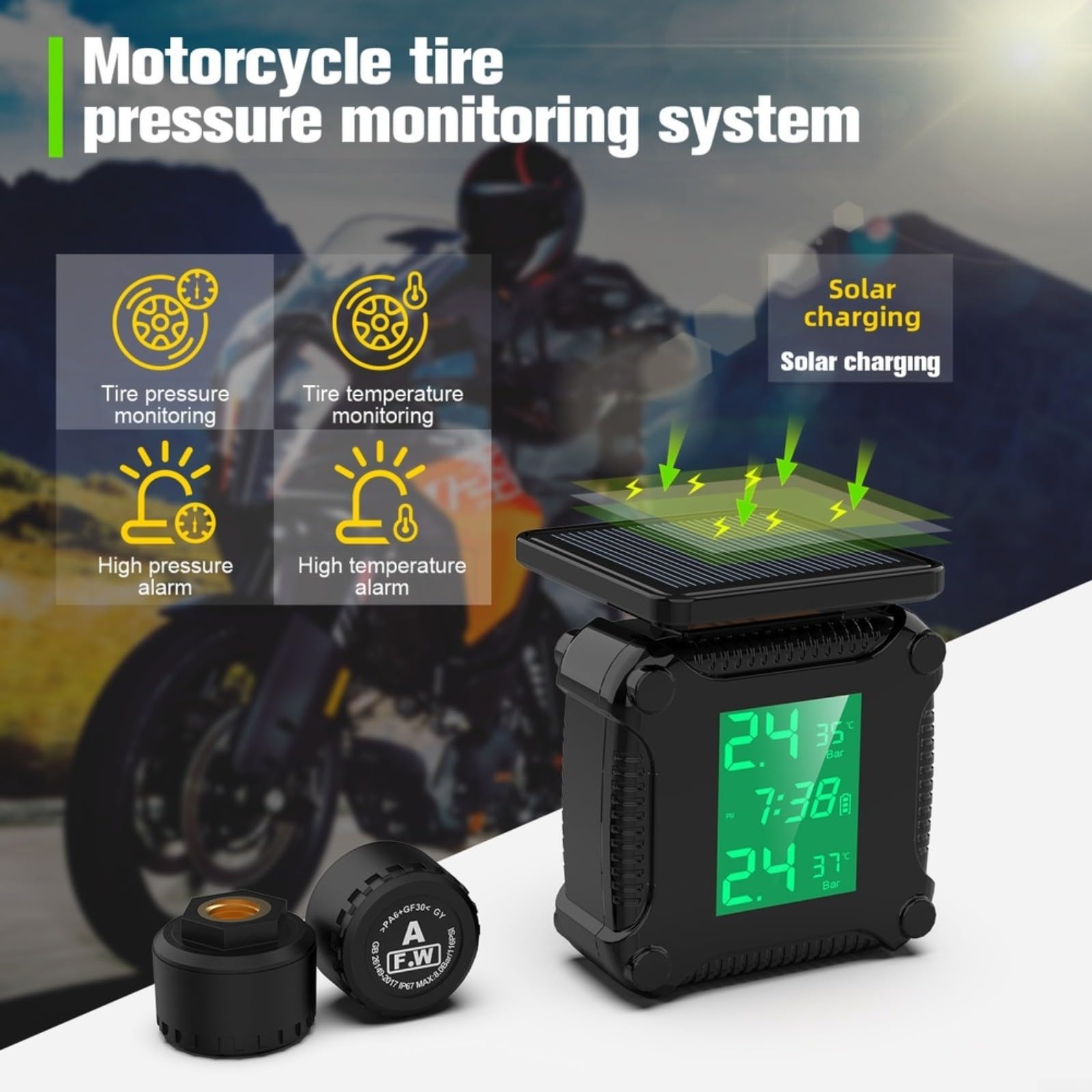 Monitoraggio della pressione dei pneumatici per moto ad energia solare, con schermo a colori, sensore wireless impermeabile IP67 ad alta precisione, per pendolarismo fuoristrada, nero (M8)